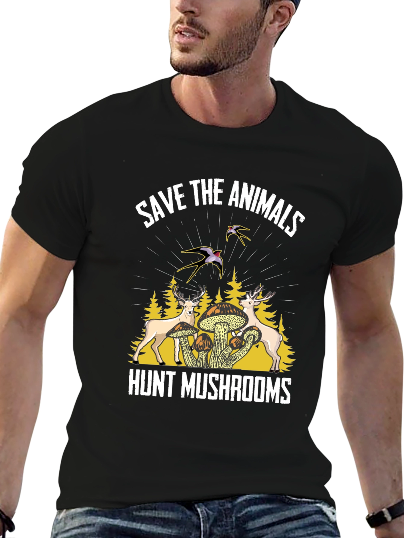 Save Animals Hunt Mushrooms Black Graphic T-Shirt