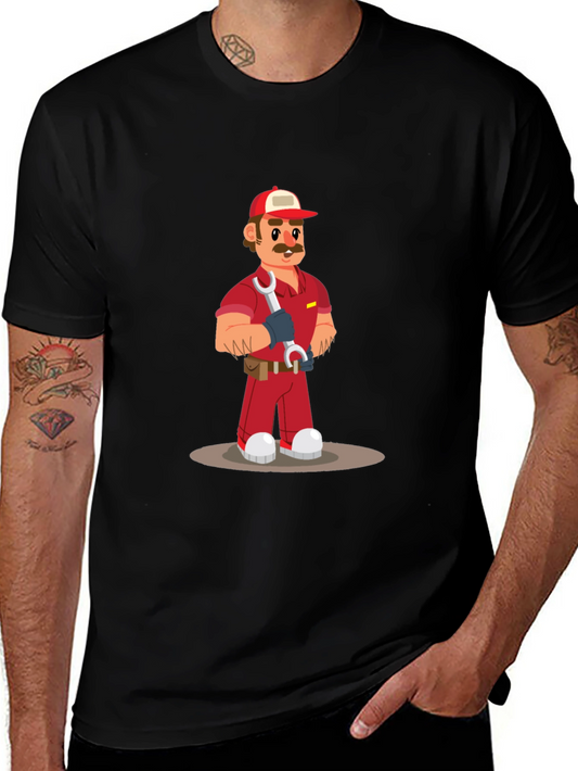 Cartoon Mechanic Graphic Tee - Black Casual T-Shirt
