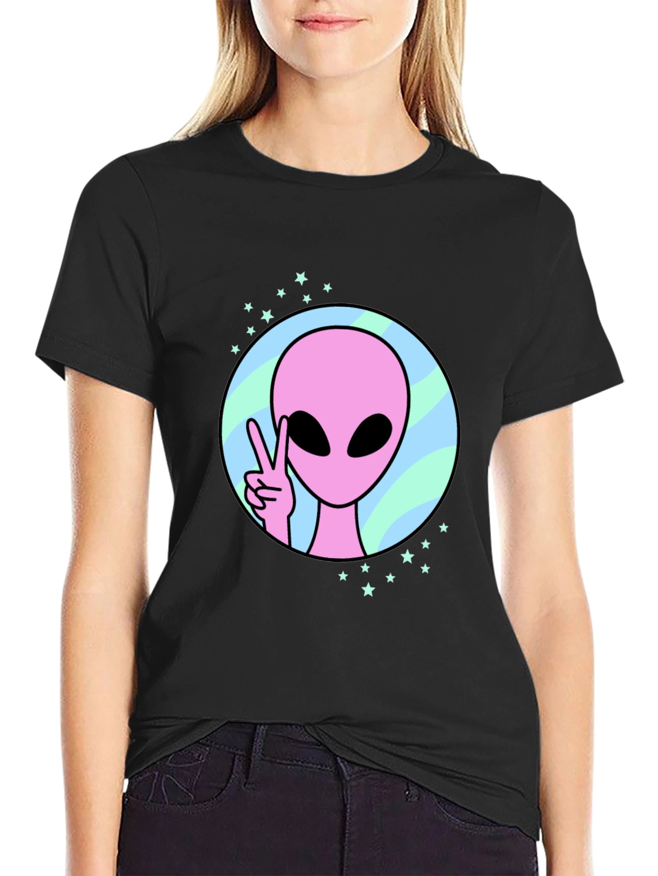 Peace Alien Graphic Tee - Black Cotton Shirt