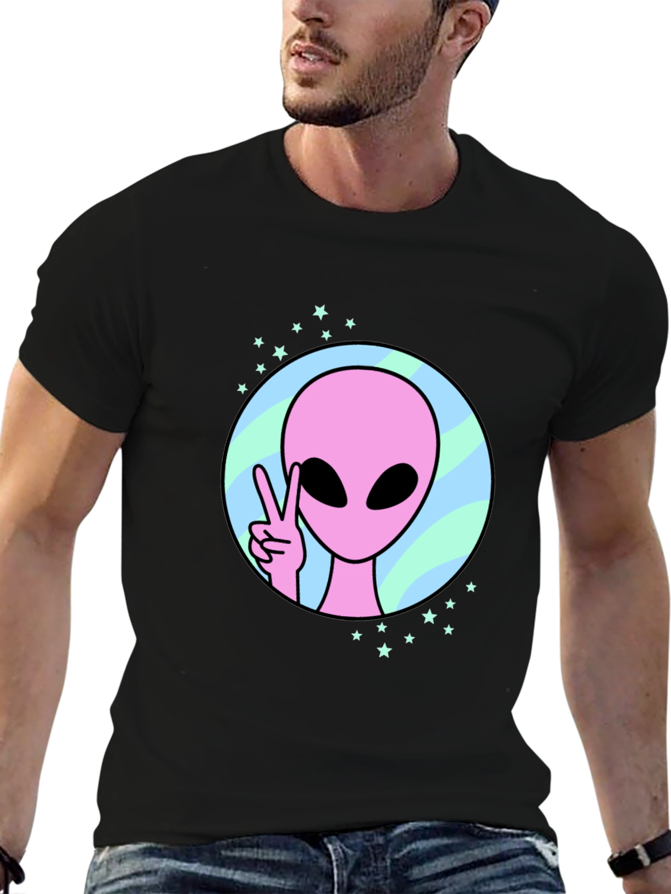 Peace Alien Graphic Tee - Black Cotton Shirt