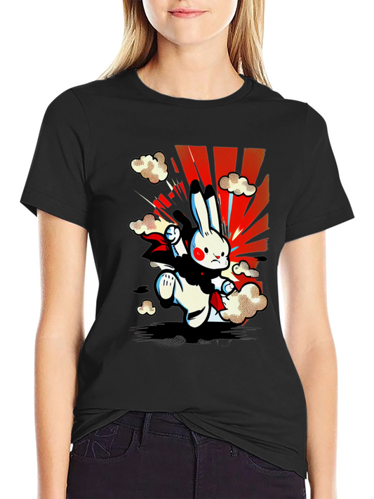 Cartoon Rabbit Graphic Tee - Black