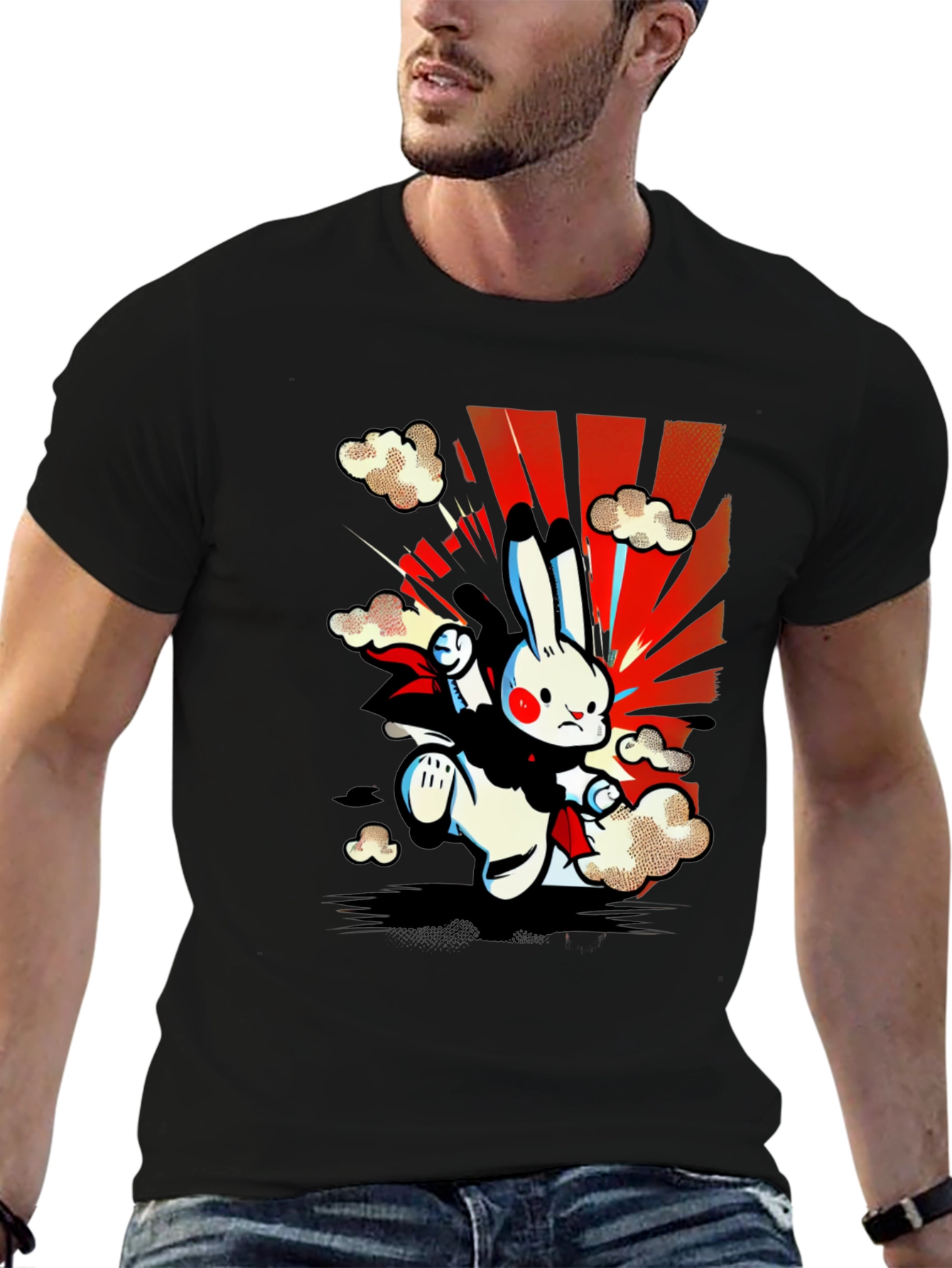 Cartoon Rabbit Graphic Tee - Black