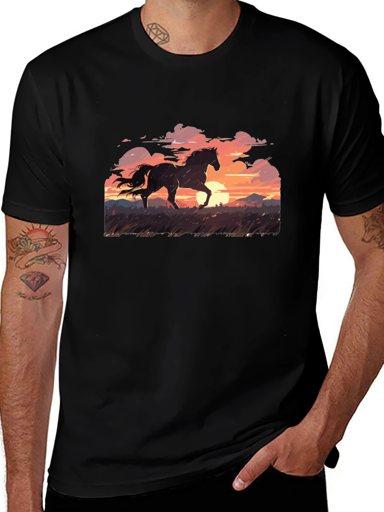 Horse Sunset Graphic Print Mens Black T-Shirt