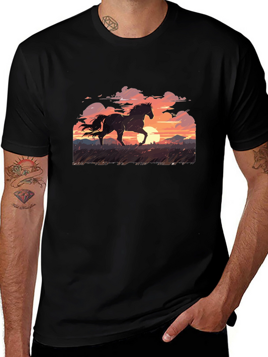 Horse Sunset Graphic Print Mens Black T-Shirt