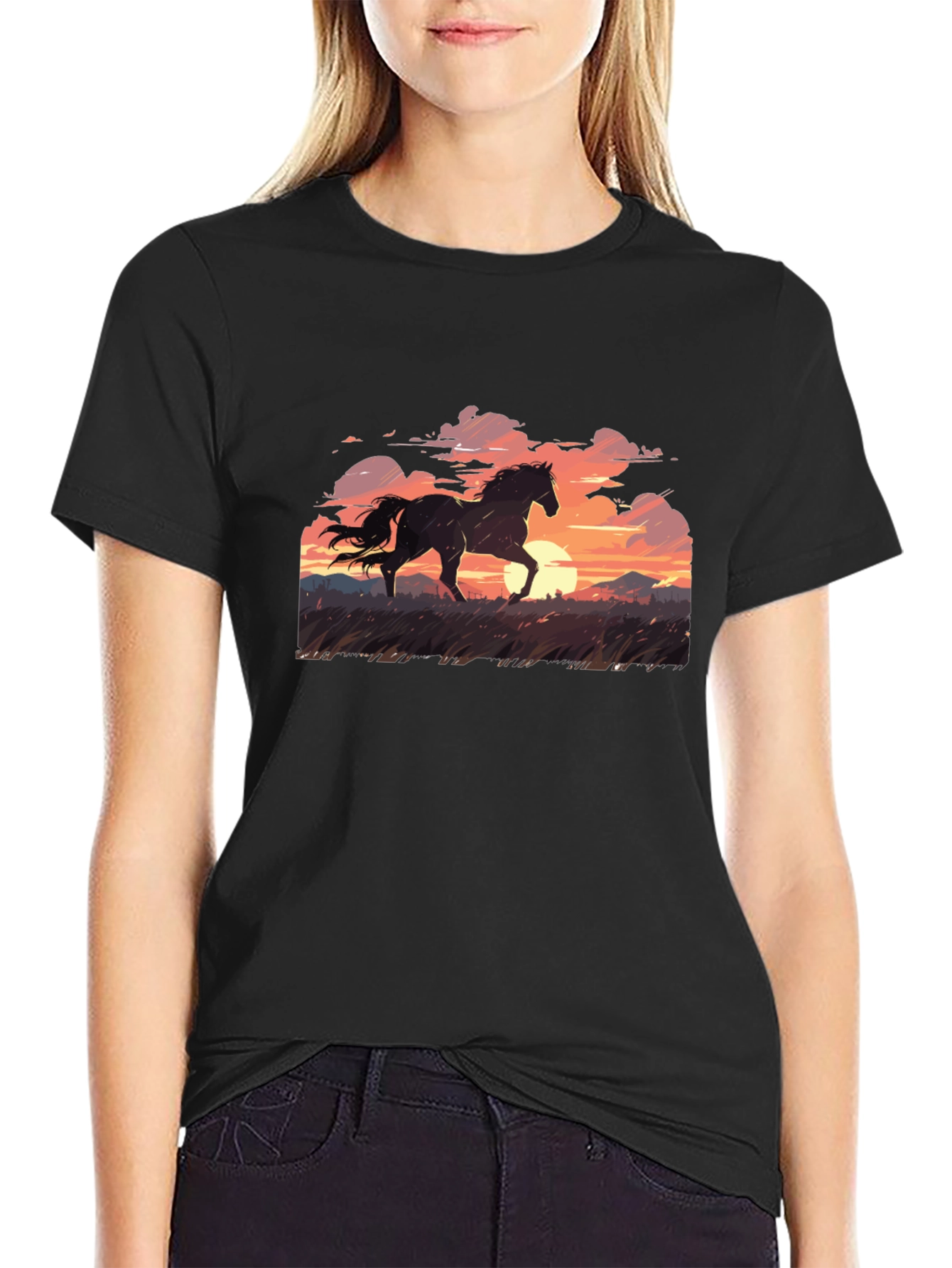 Horse Sunset Graphic Print Mens Black T-Shirt