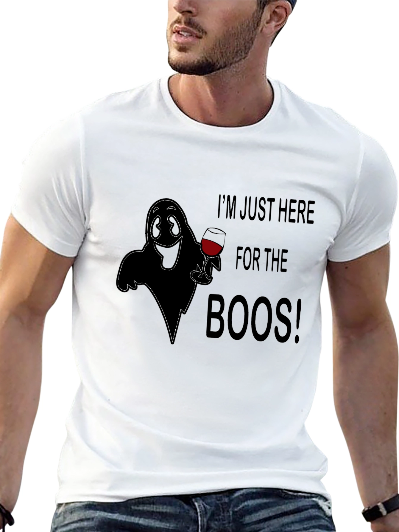 Boos Here T-Shirt - Halloween Ghost with Wine