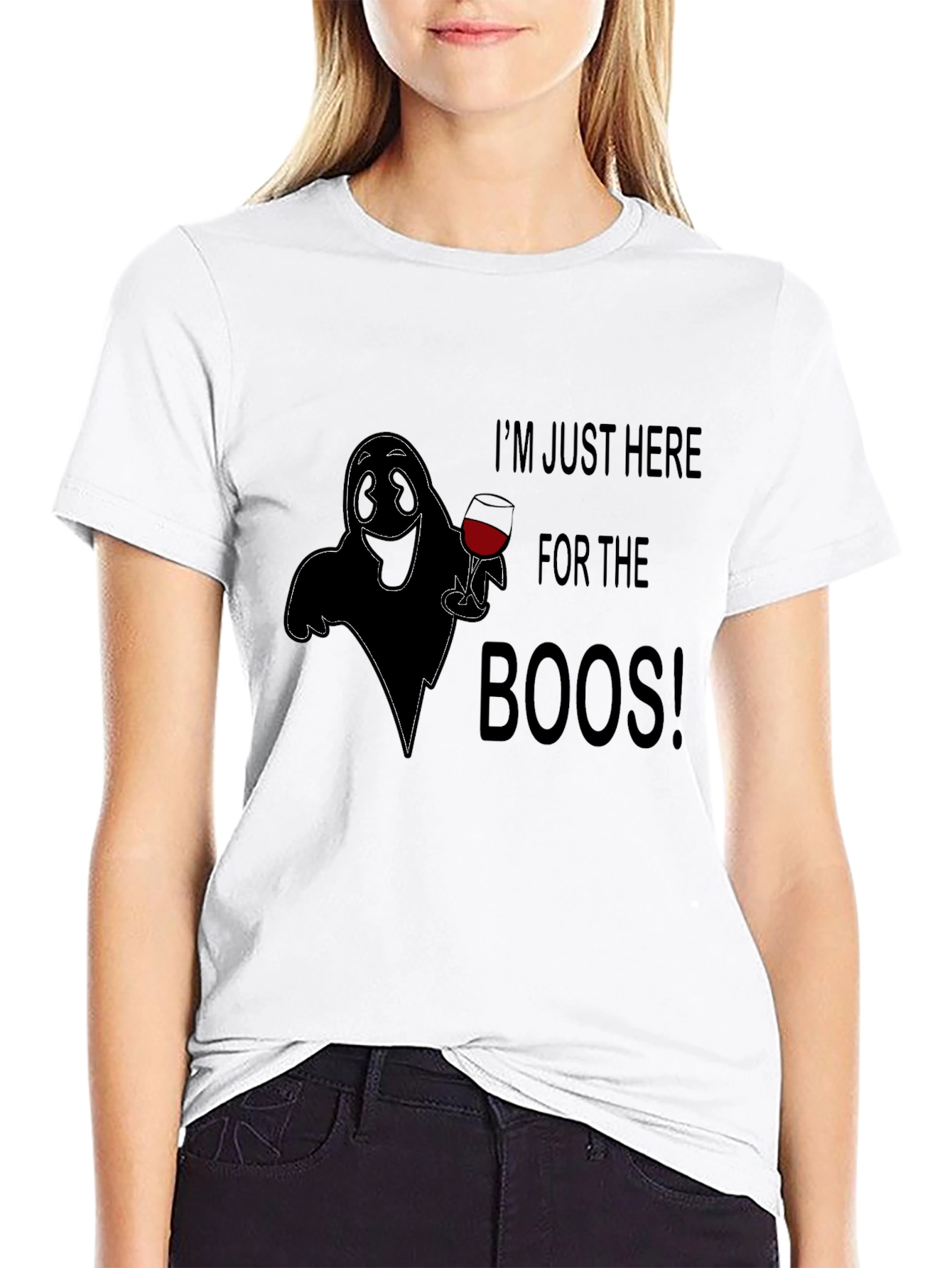 Boos Here T-Shirt - Halloween Ghost with Wine