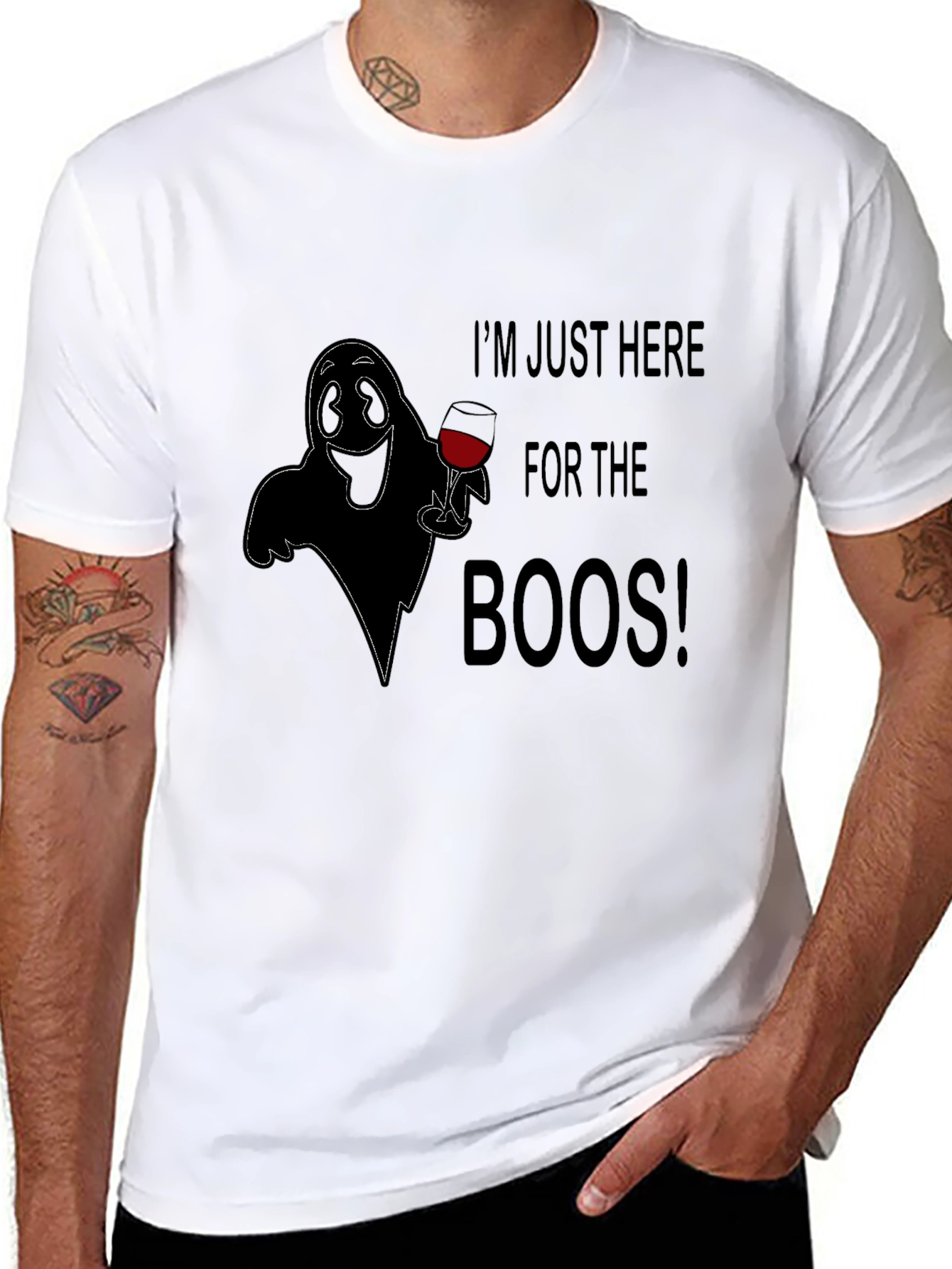 Boos Here T-Shirt - Halloween Ghost with Wine