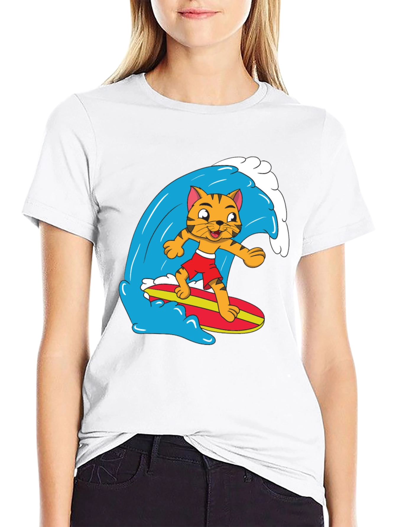 Cool Cat Surfing Graphic Tee - Black Cotton T-Shirt