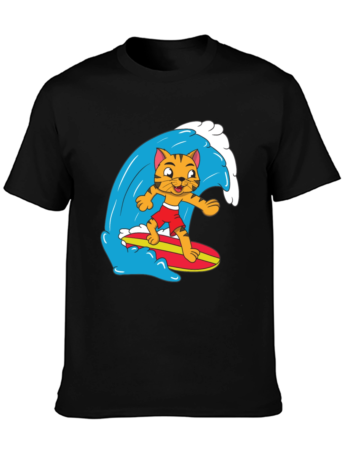 Cool Cat Surfing Graphic Tee - Black Cotton T-Shirt