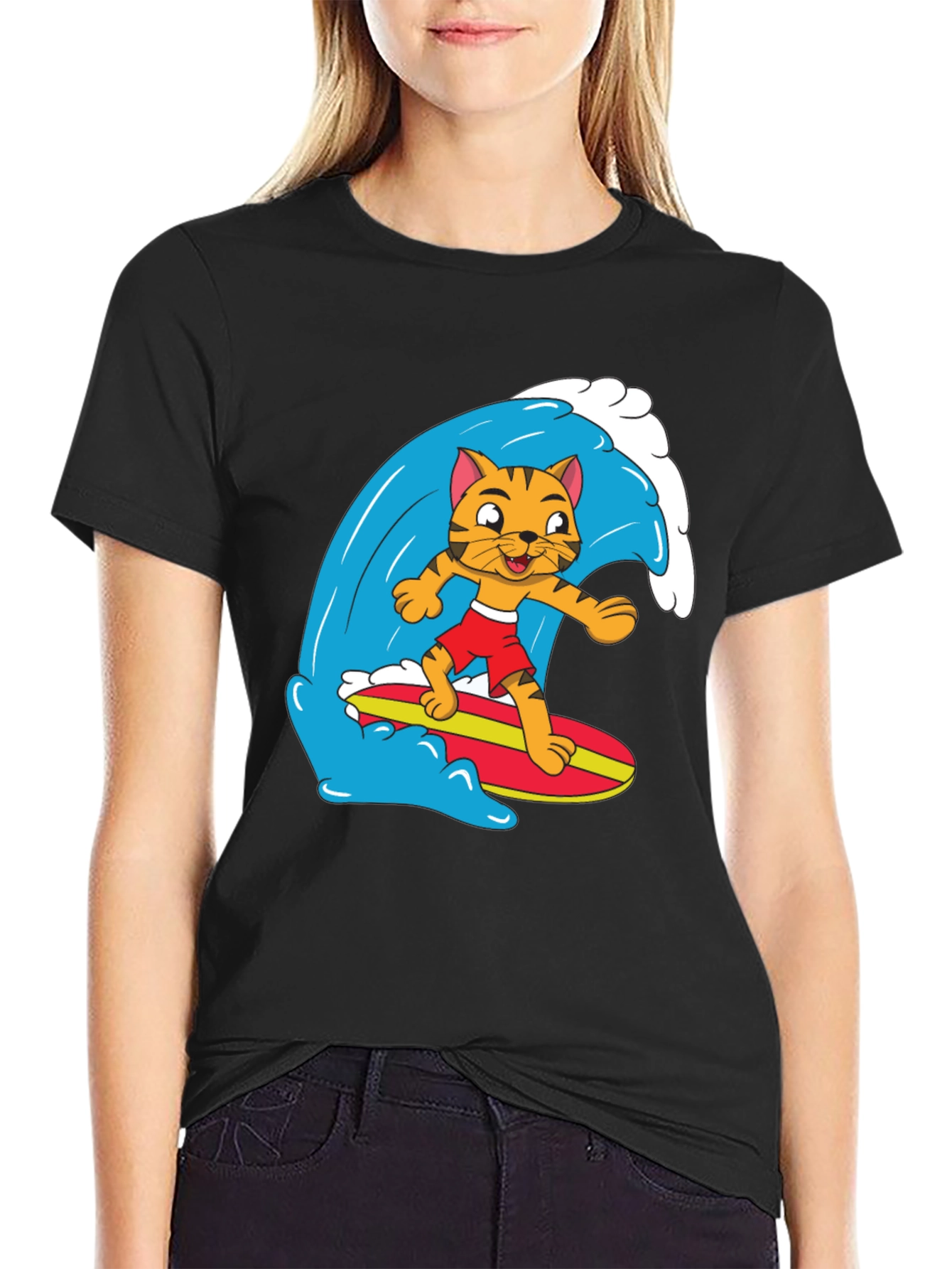 Cool Cat Surfing Graphic Tee - Black Cotton T-Shirt