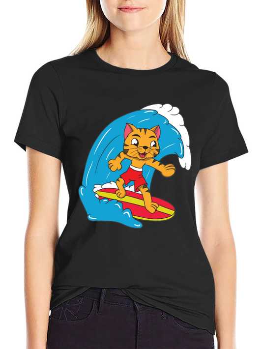 Cool Cat Surfing Graphic Tee - Black Cotton T-Shirt