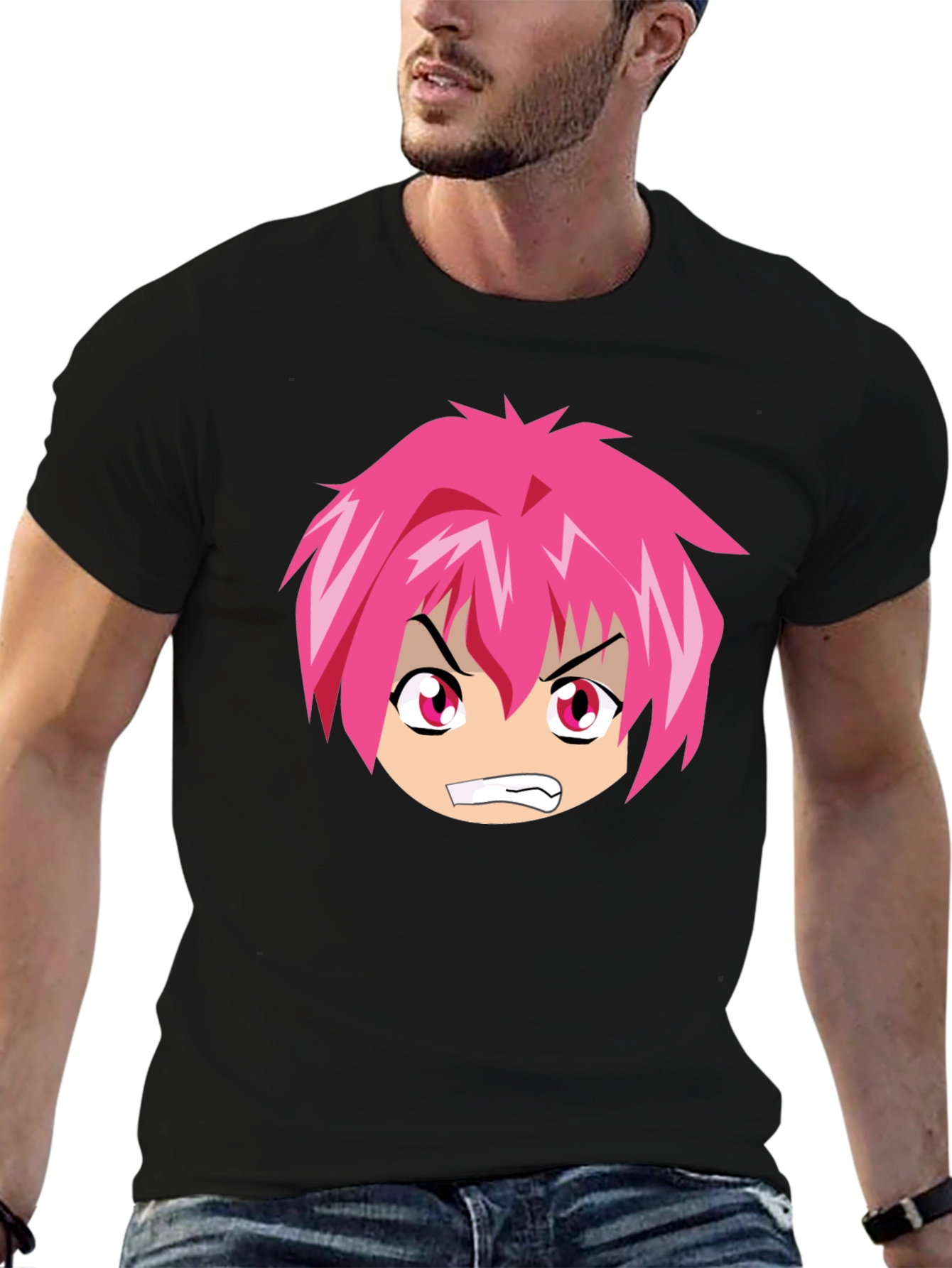 Anime Graphic Tee - Angry Pink Hair Character