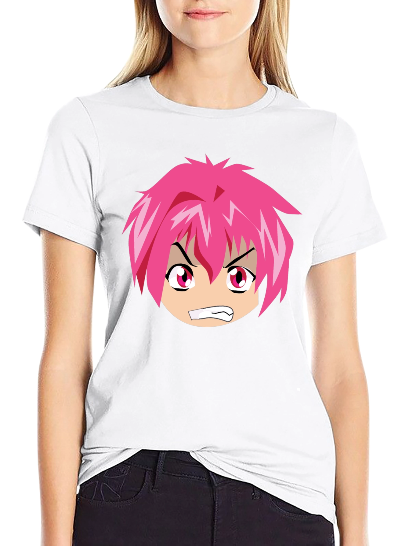 Anime Graphic Tee - Angry Pink Hair Character