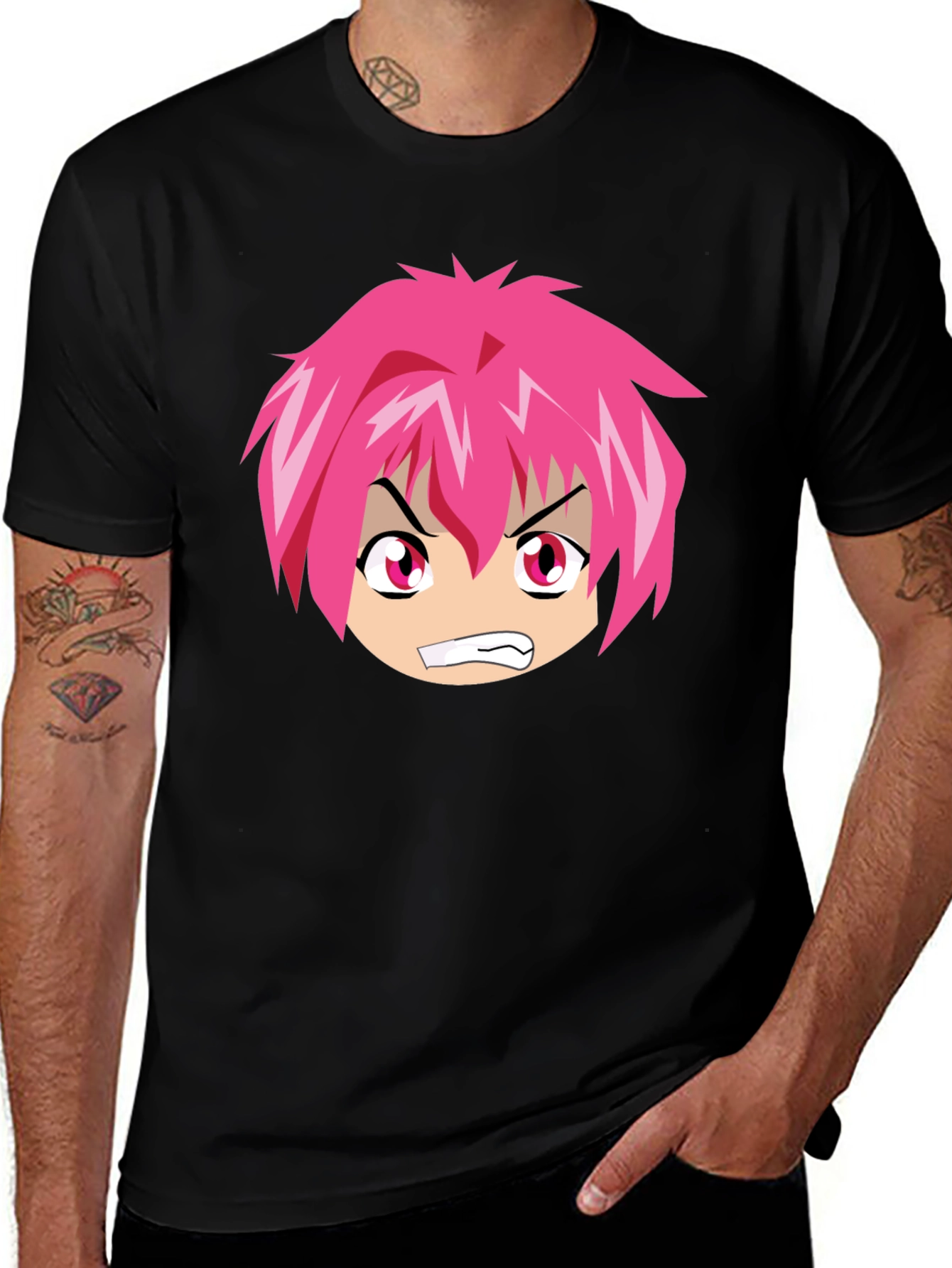 Anime Graphic Tee - Angry Pink Hair Character