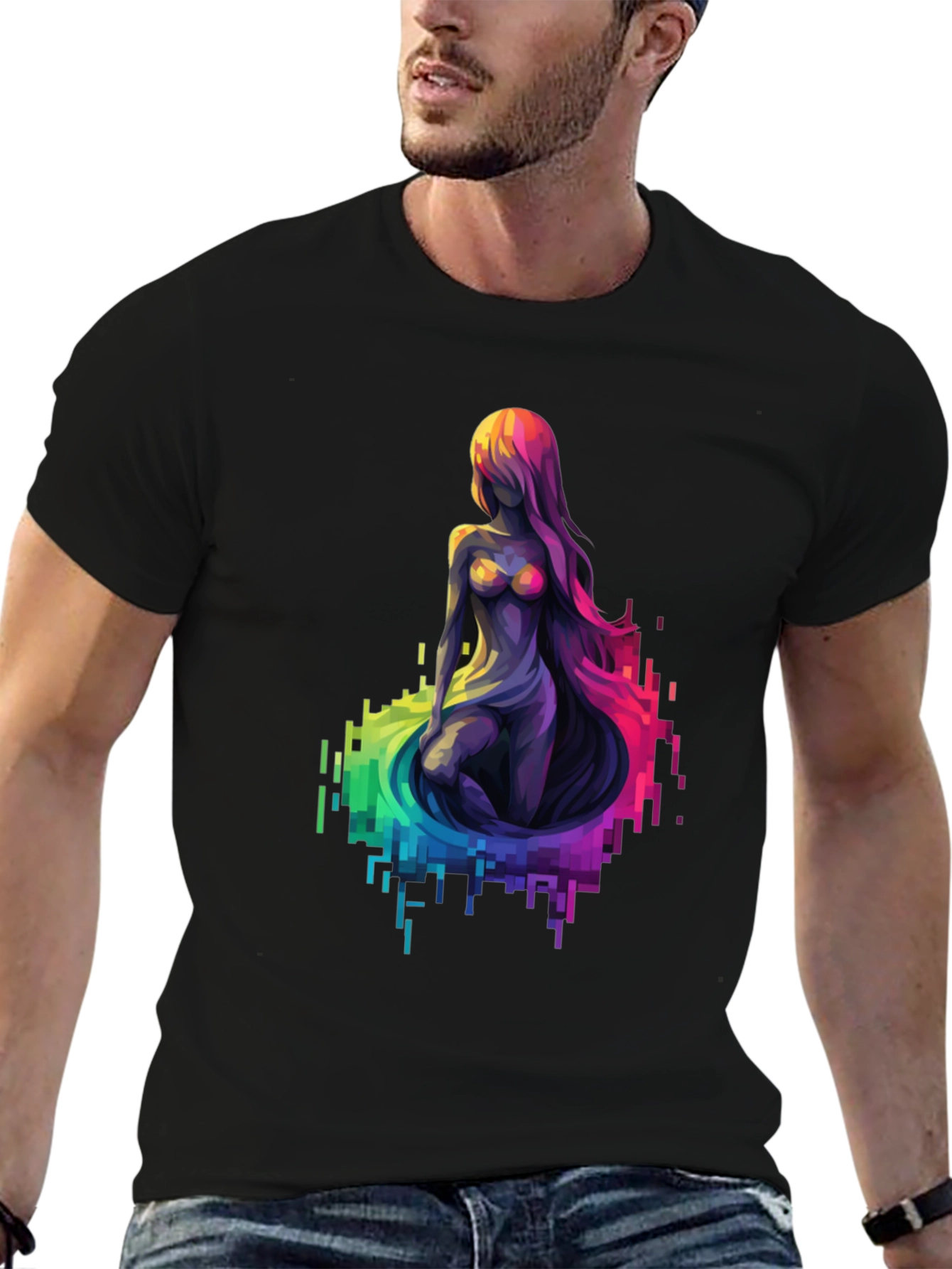 Pixel Mermaid Graphic Tee - Black Crewneck T-Shirt