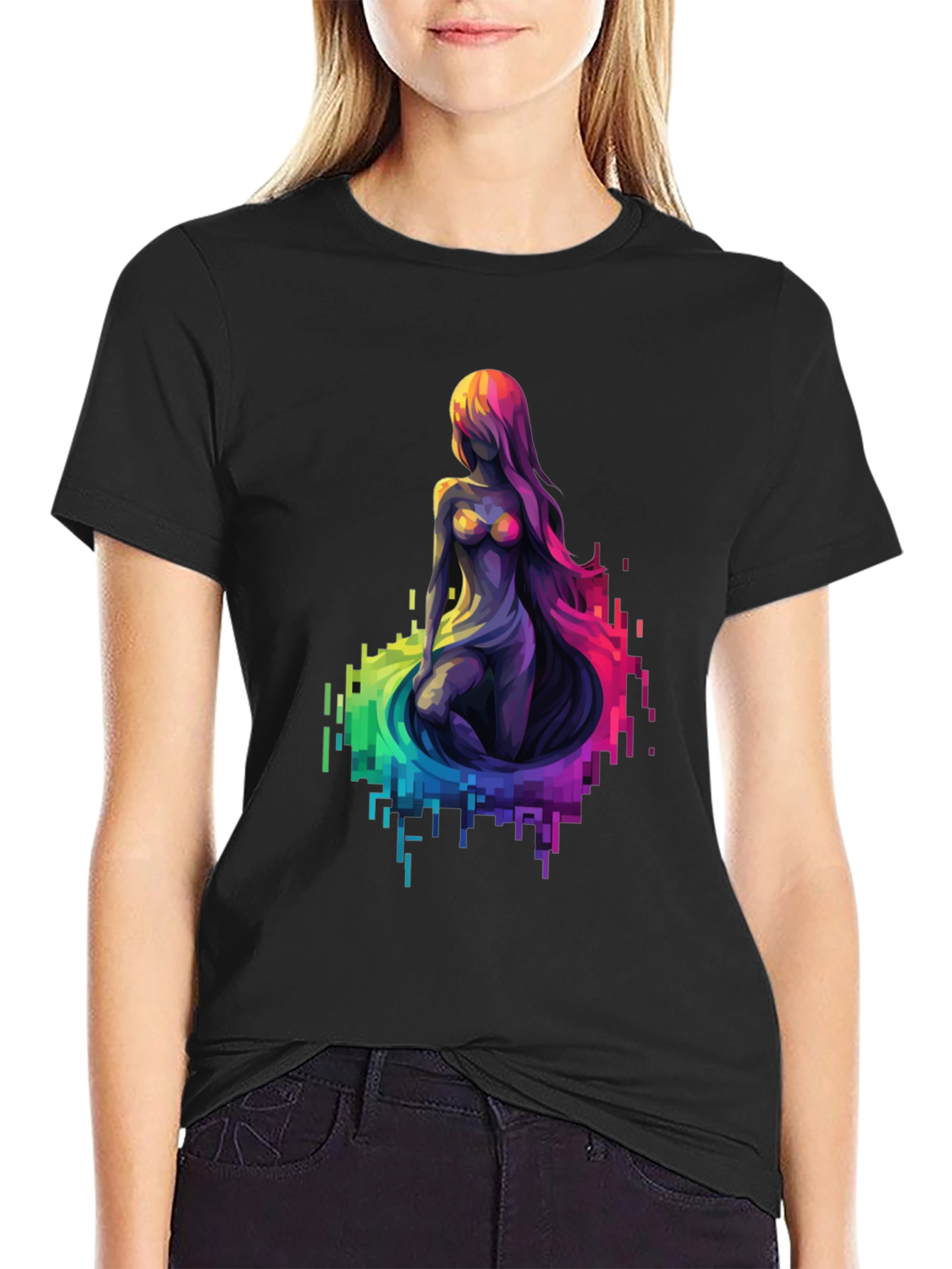 Pixel Mermaid Graphic Tee - Black Crewneck T-Shirt