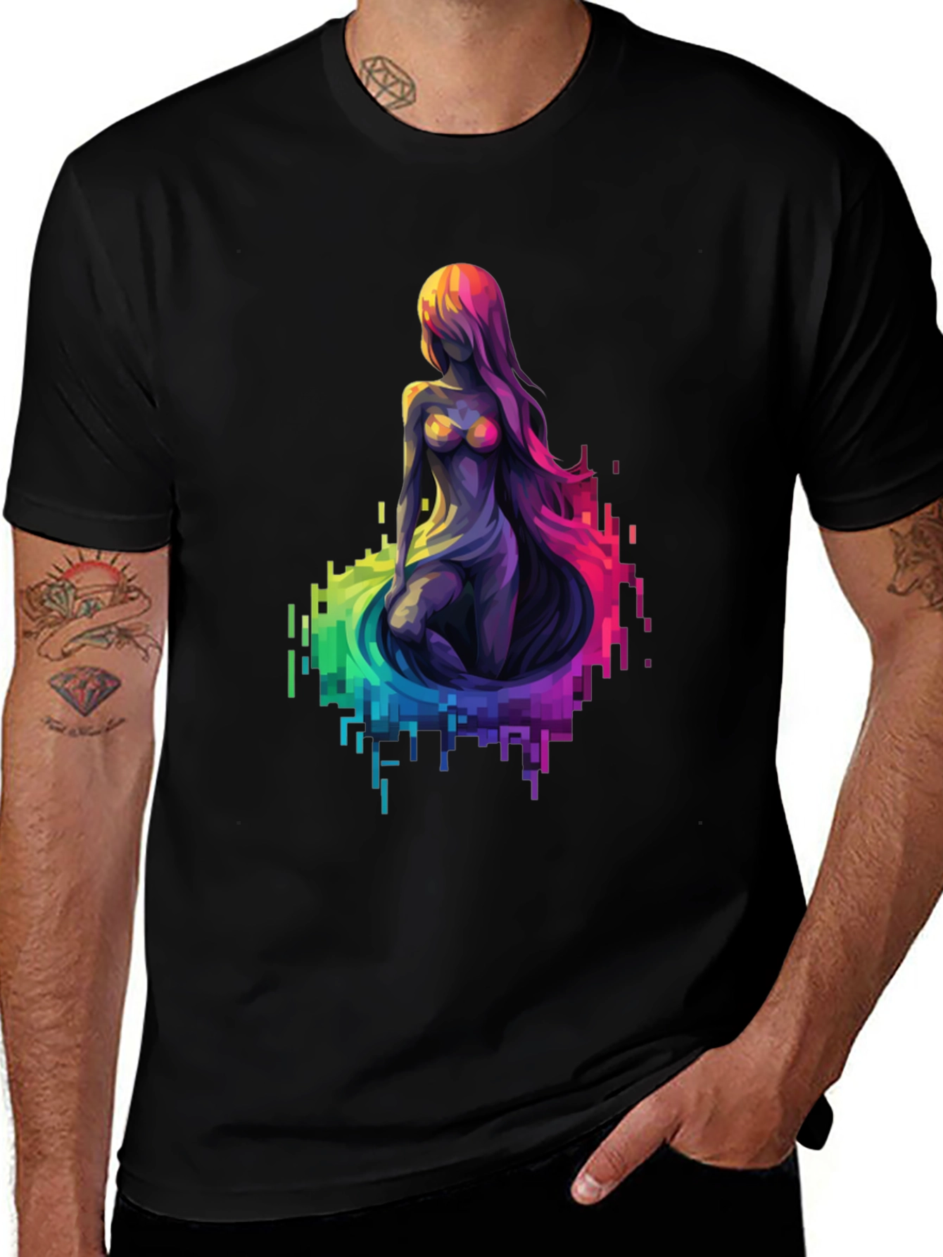 Pixel Mermaid Graphic Tee - Black Crewneck T-Shirt