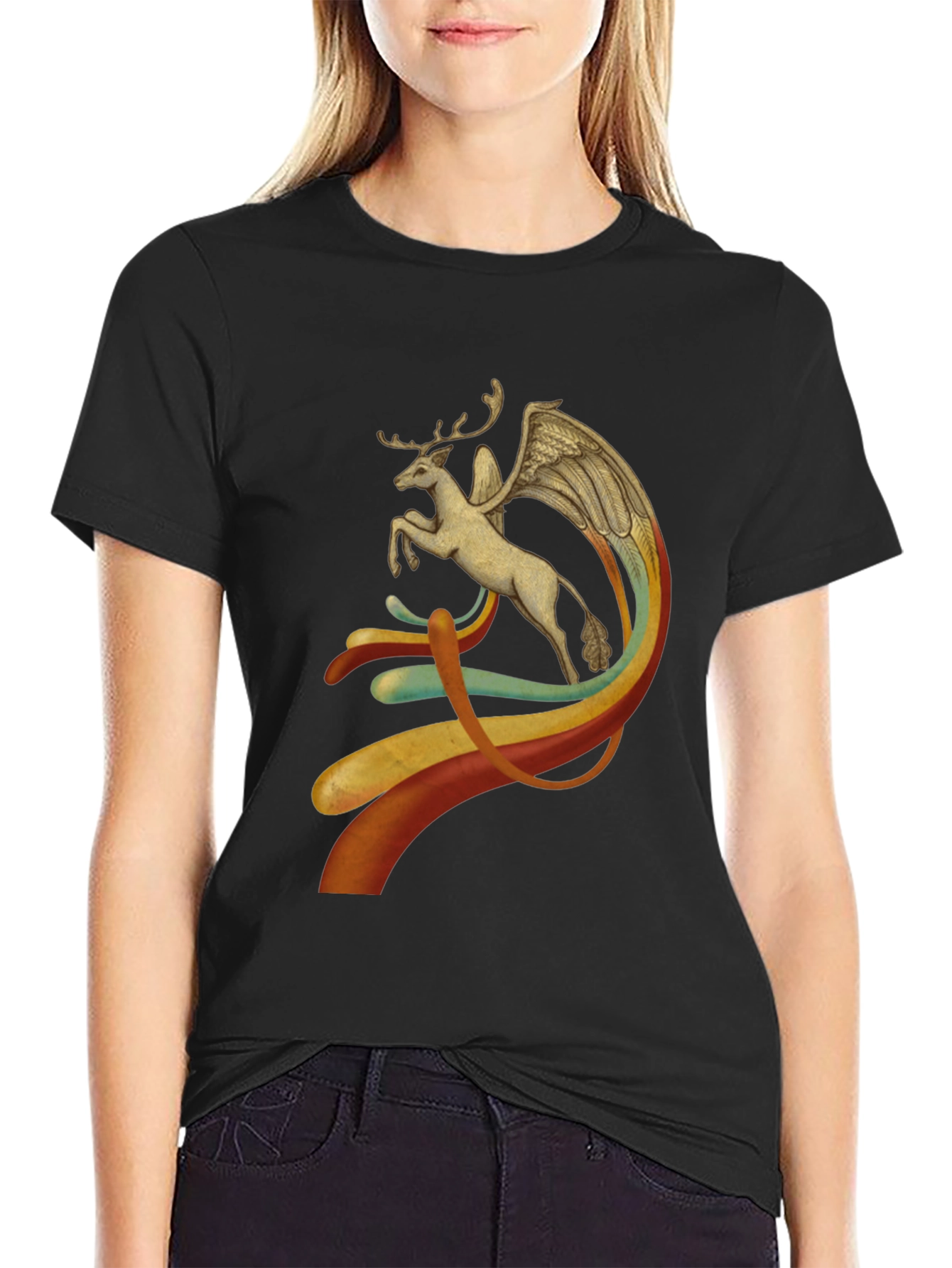 Winged Deer Graphic Black T-Shirt