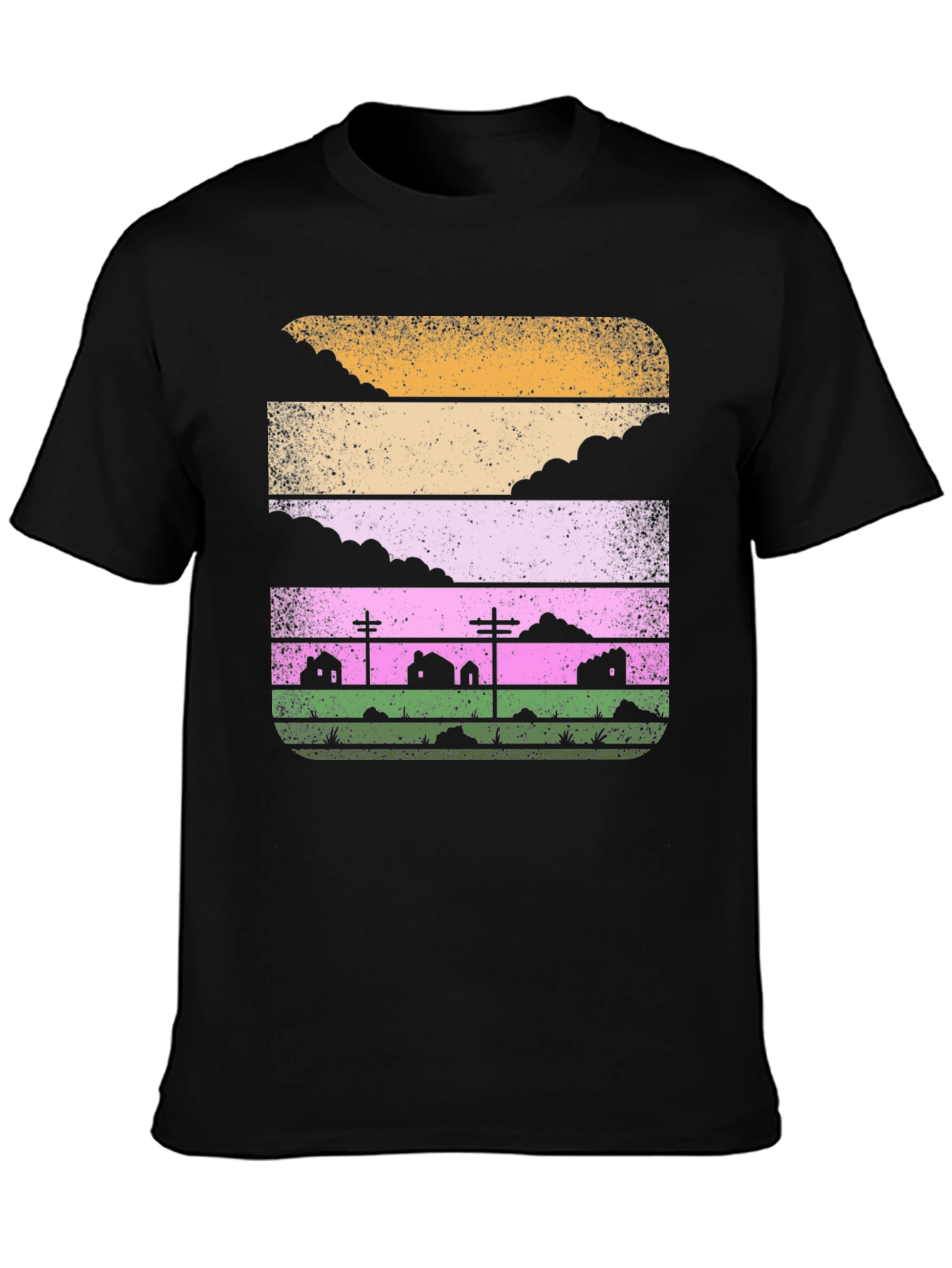 Retro Landscape Graphic Tee - Black Cotton Blend