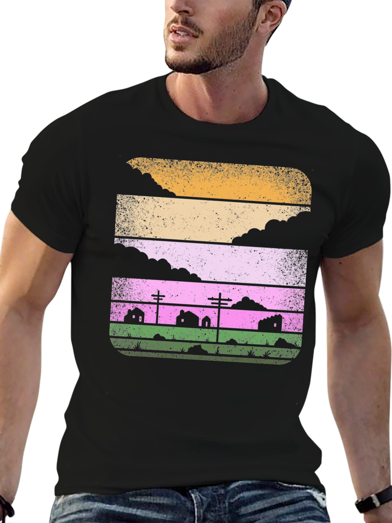 Retro Landscape Graphic Tee - Black Cotton Blend