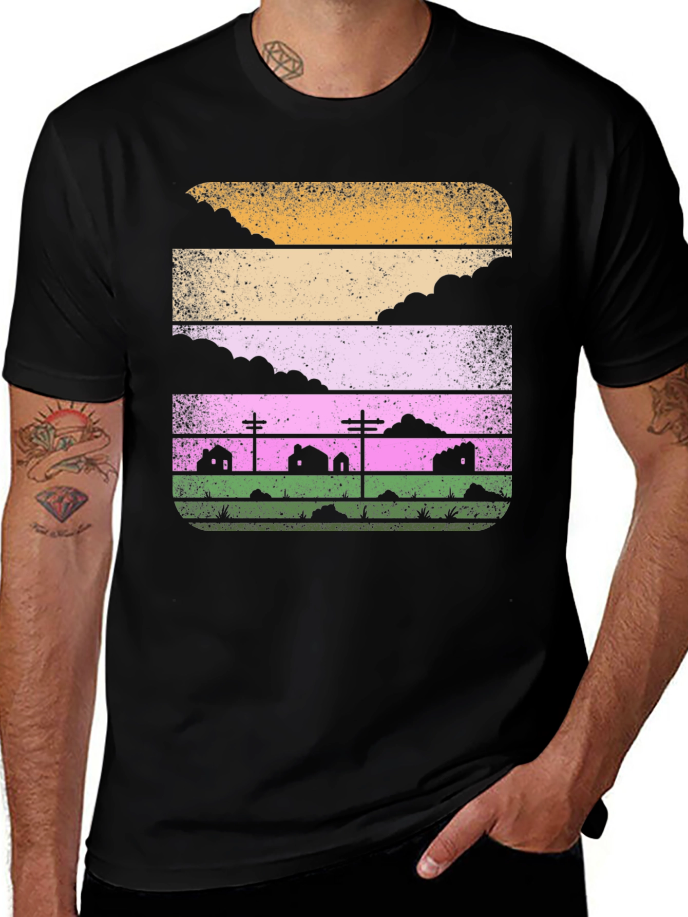 Retro Landscape Graphic Tee - Black Cotton Blend