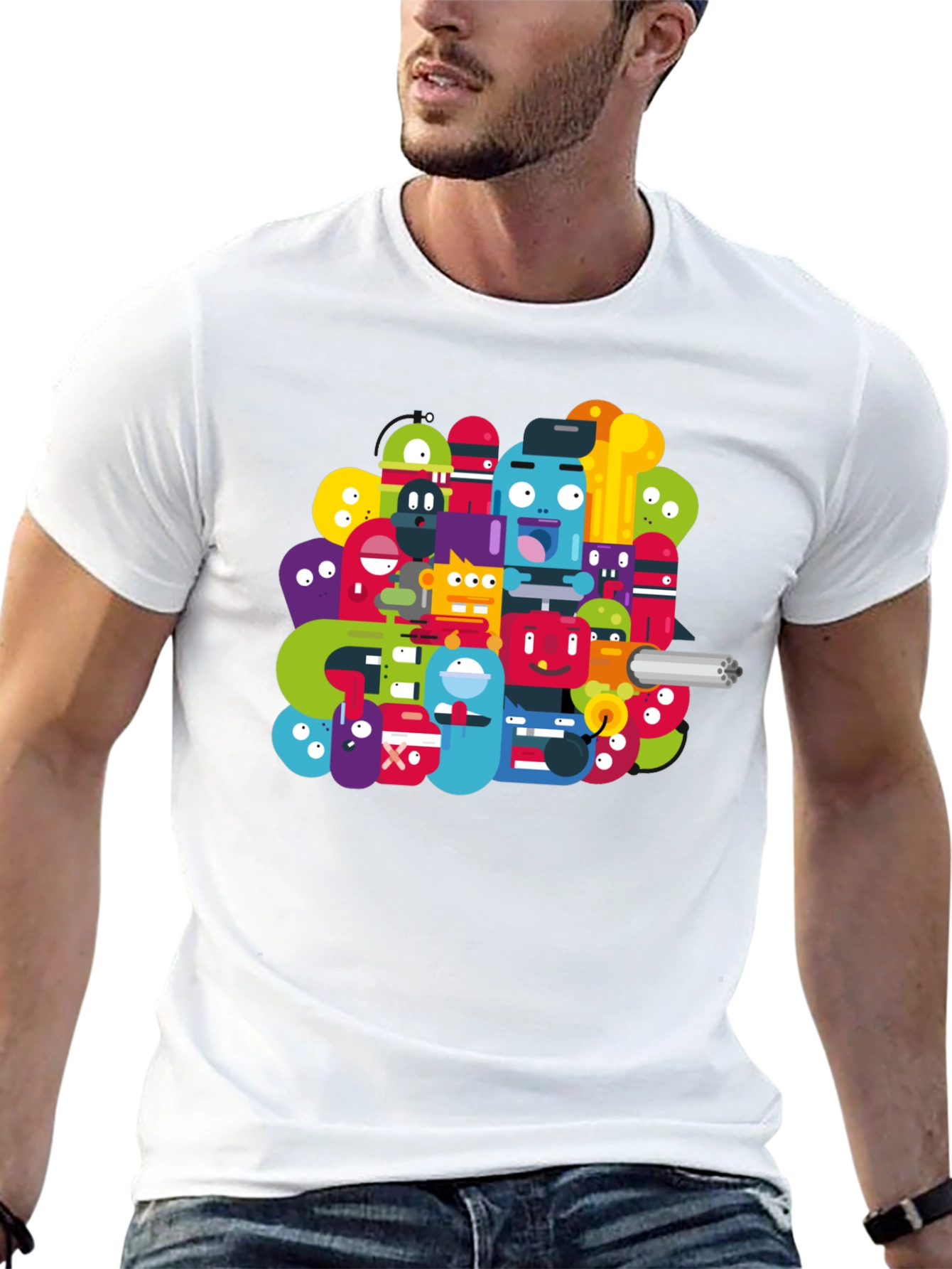 Funky Cartoon Character Graphic Black T-Shirt
