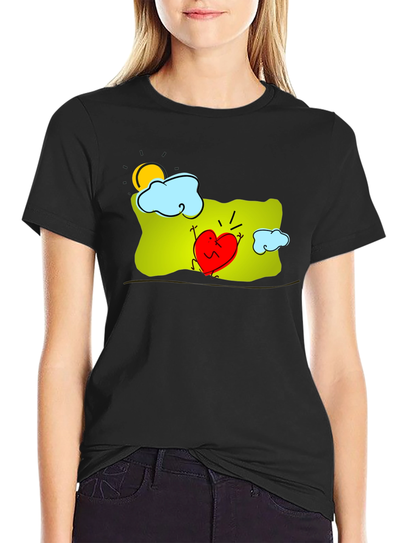 Heart Character Graphic Print Black T-Shirt