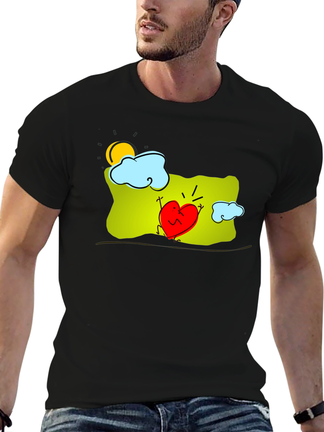 Heart Character Graphic Print Black T-Shirt