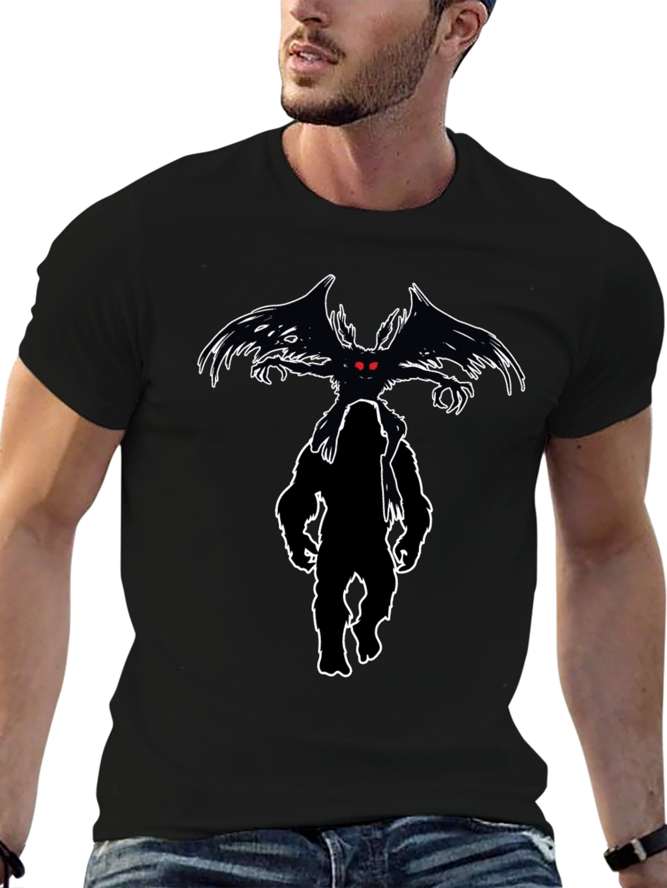 Cryptid Tee: Mothman & Bigfoot Graphic Print