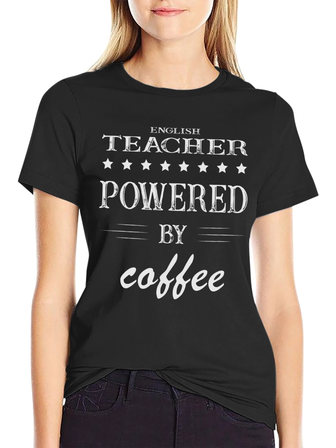 English Teacher Powered by Coffee Black T-Shirt