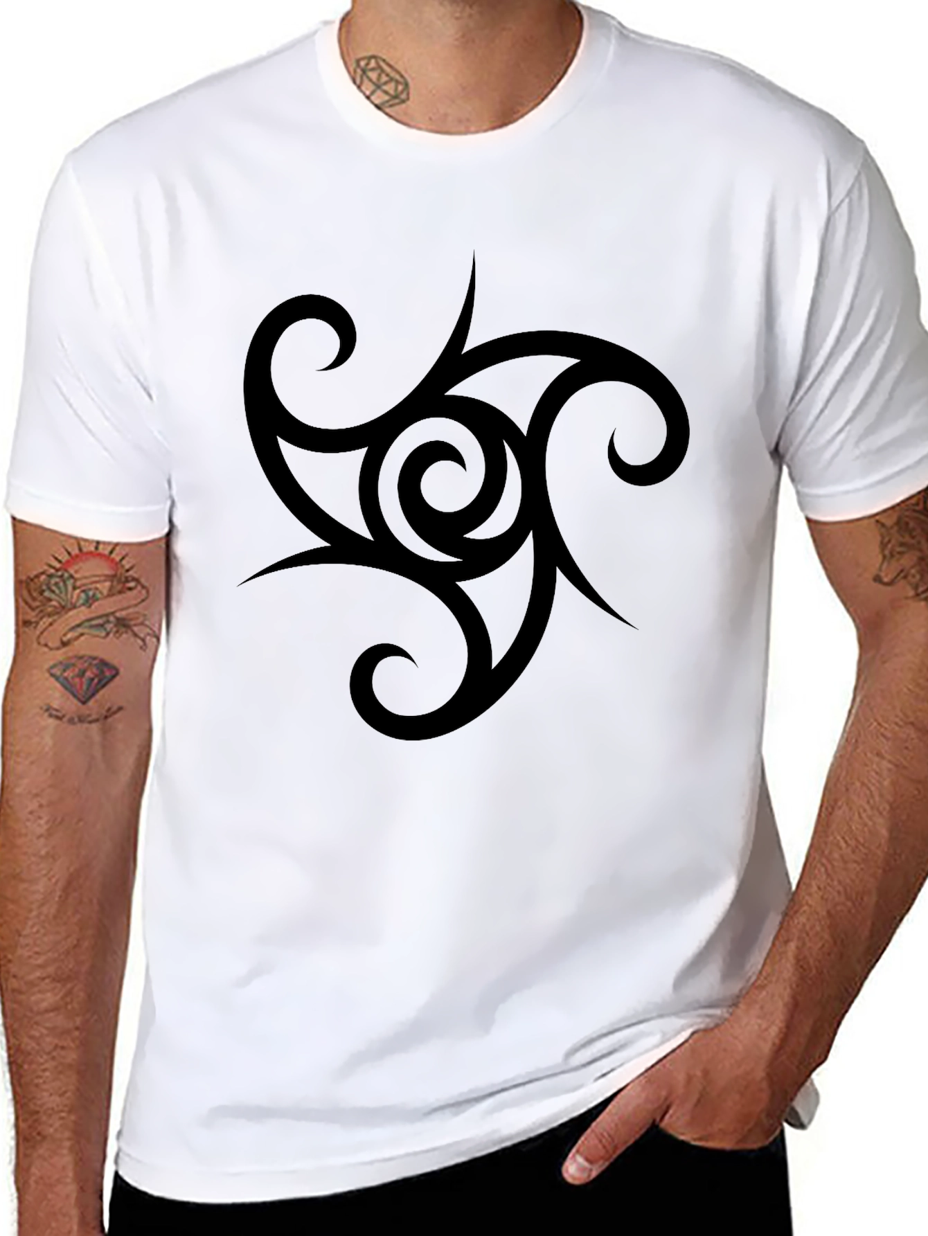 Mens Black T-Shirt with Tribal Swirl Design