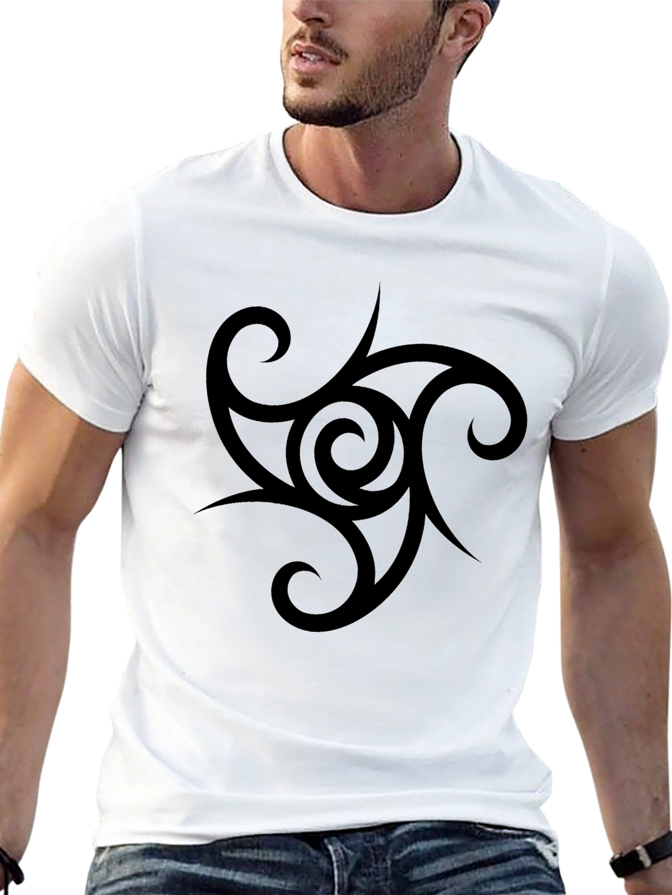 Mens Black T-Shirt with Tribal Swirl Design