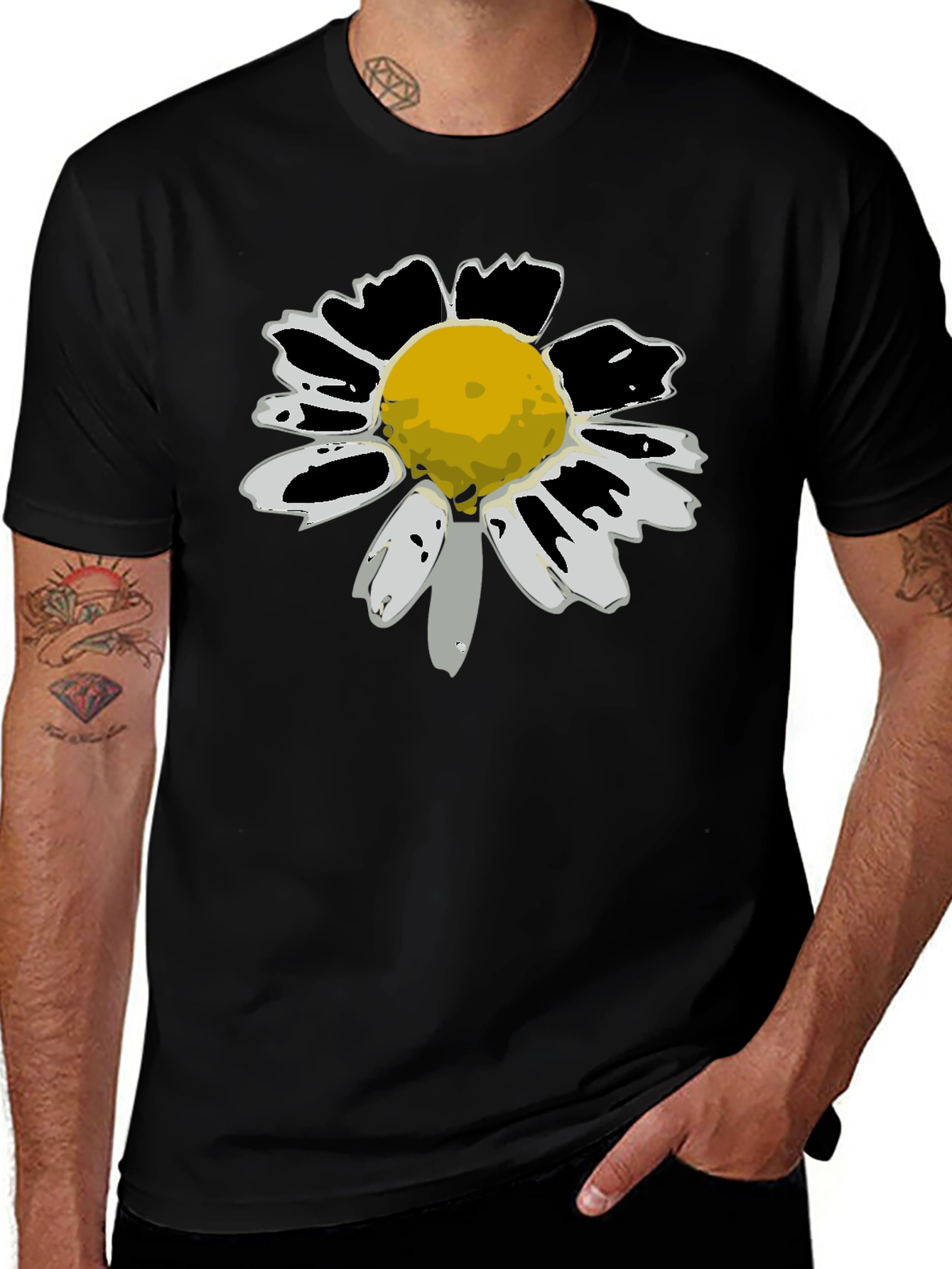 Daisy Flower Graphic Tee - Black Cotton T-Shirt