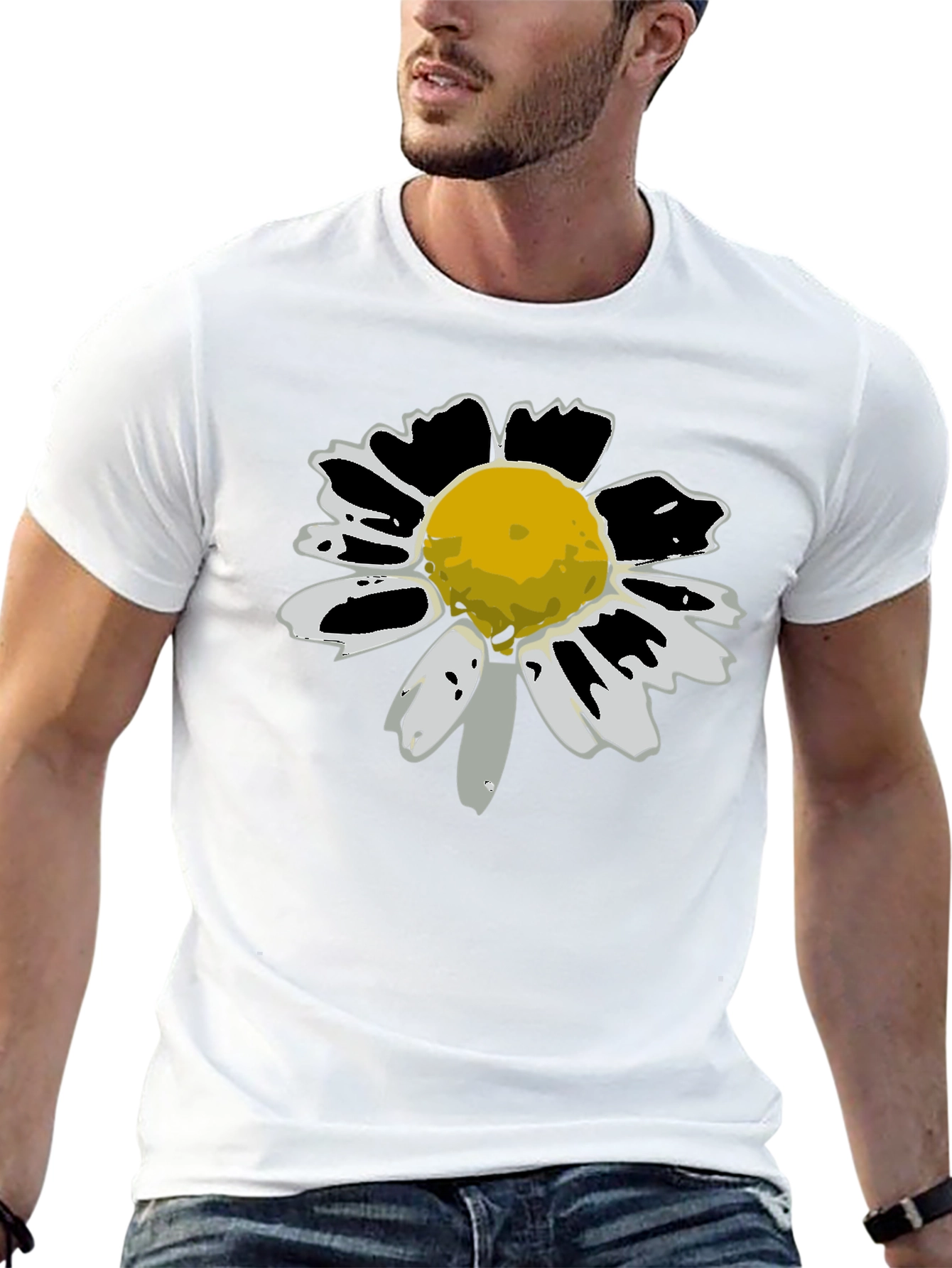 Daisy Flower Graphic Tee - Black Cotton T-Shirt