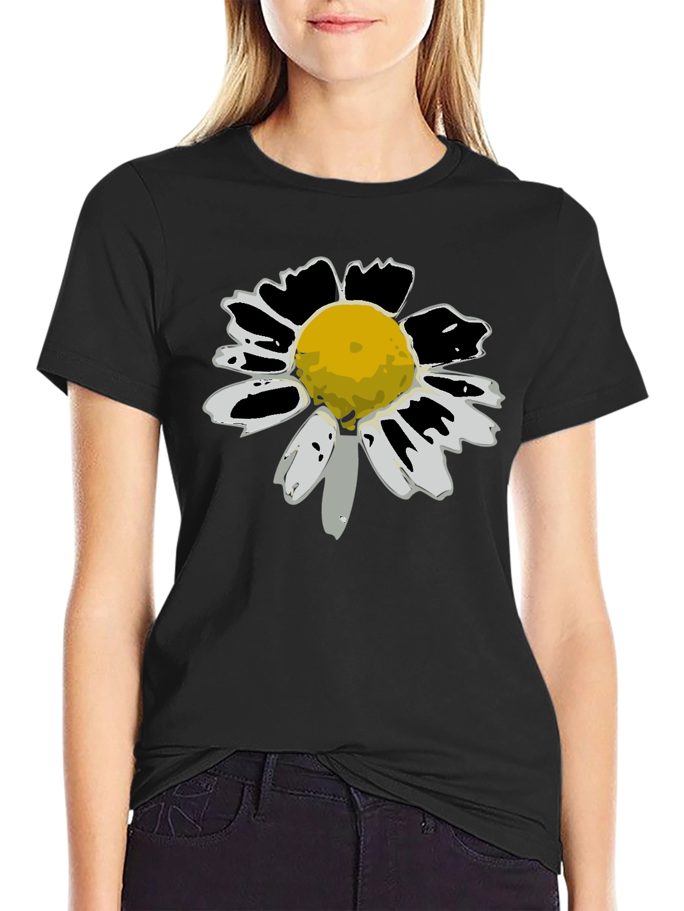 Daisy Flower Graphic Tee - Black Cotton T-Shirt