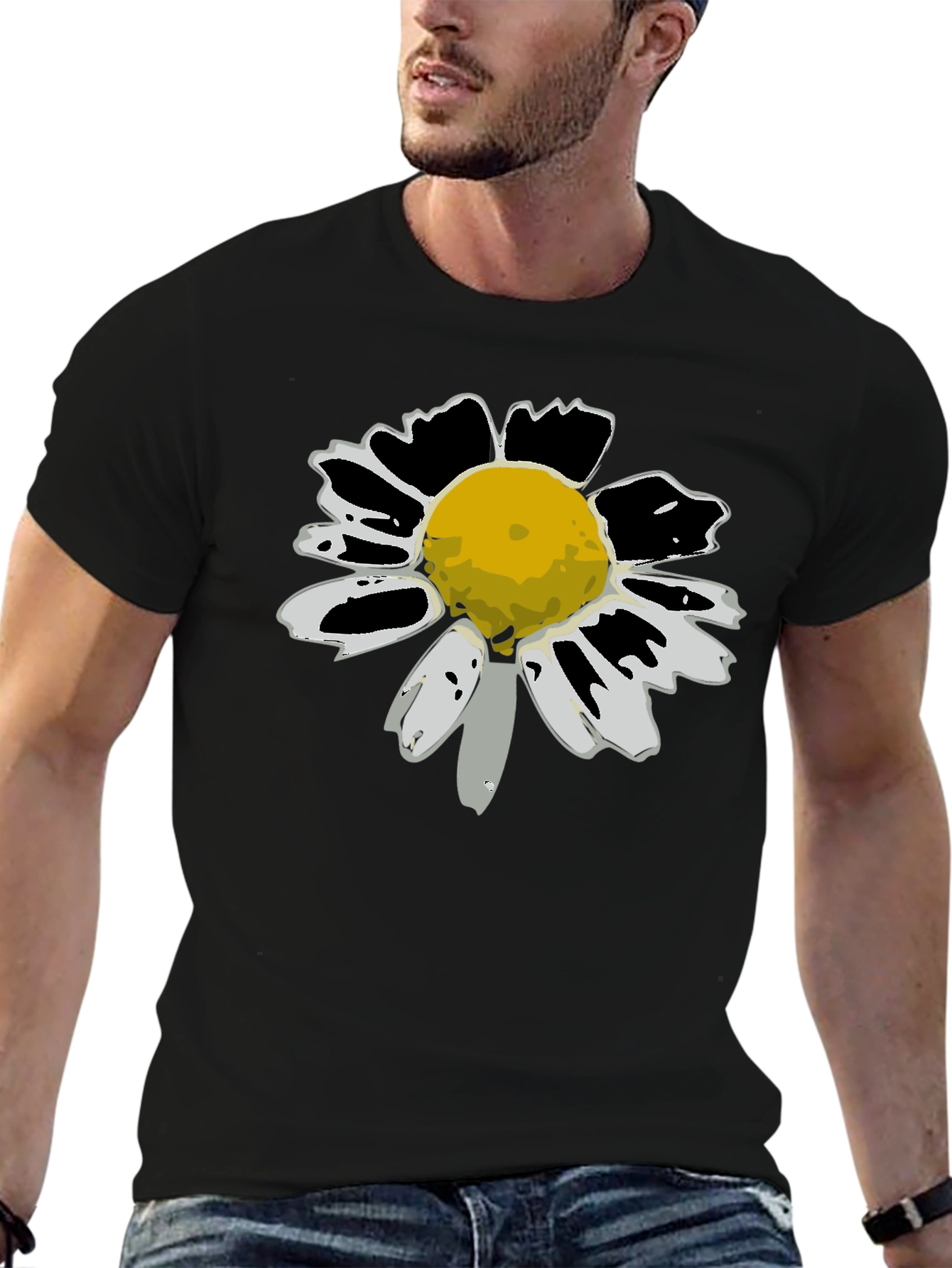 Daisy Flower Graphic Tee - Black Cotton T-Shirt