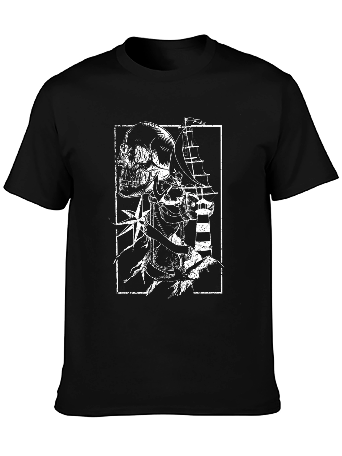 Nautical Skull Graphic Print Black T-Shirt