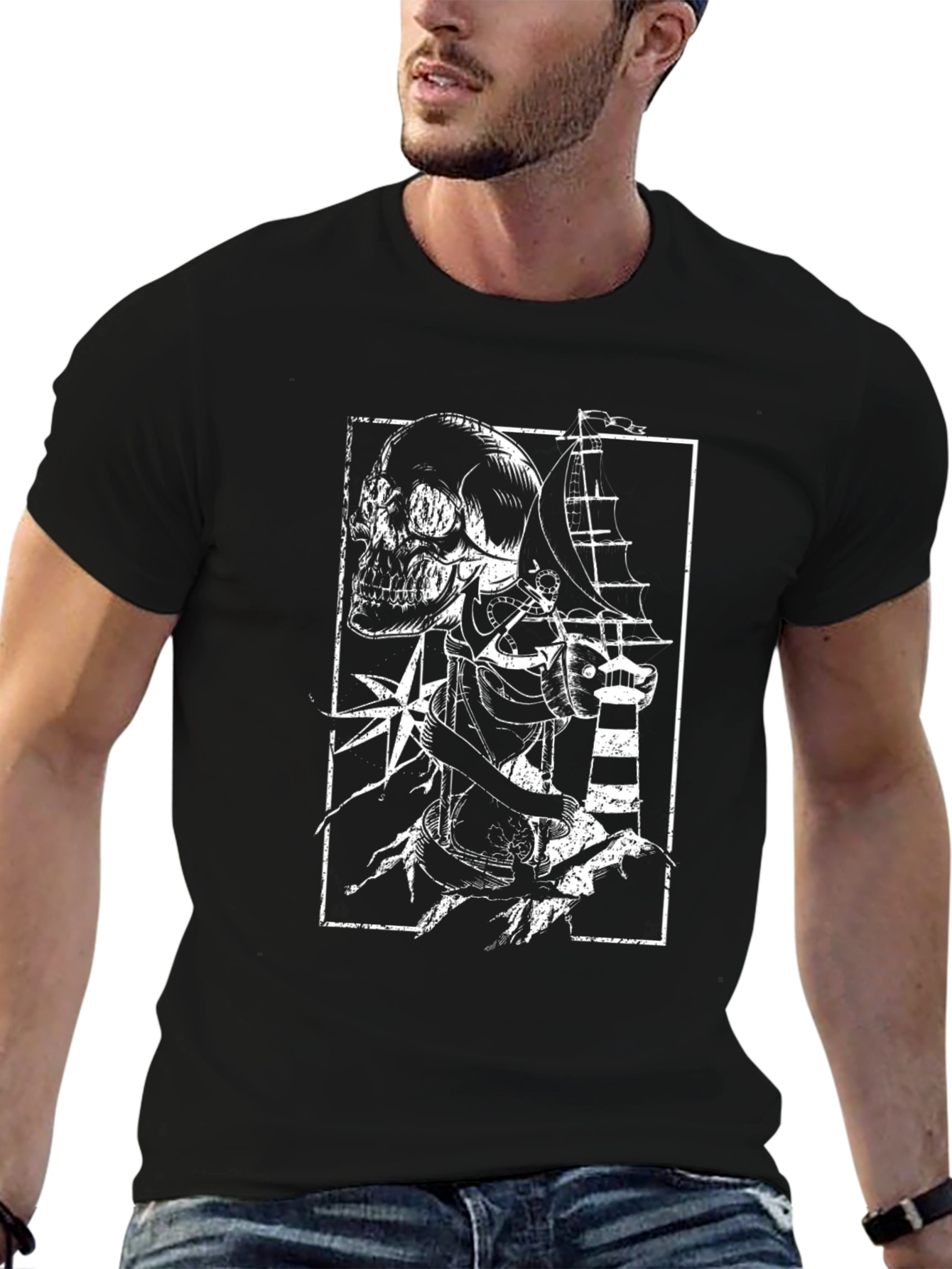 Nautical Skull Graphic Print Black T-Shirt