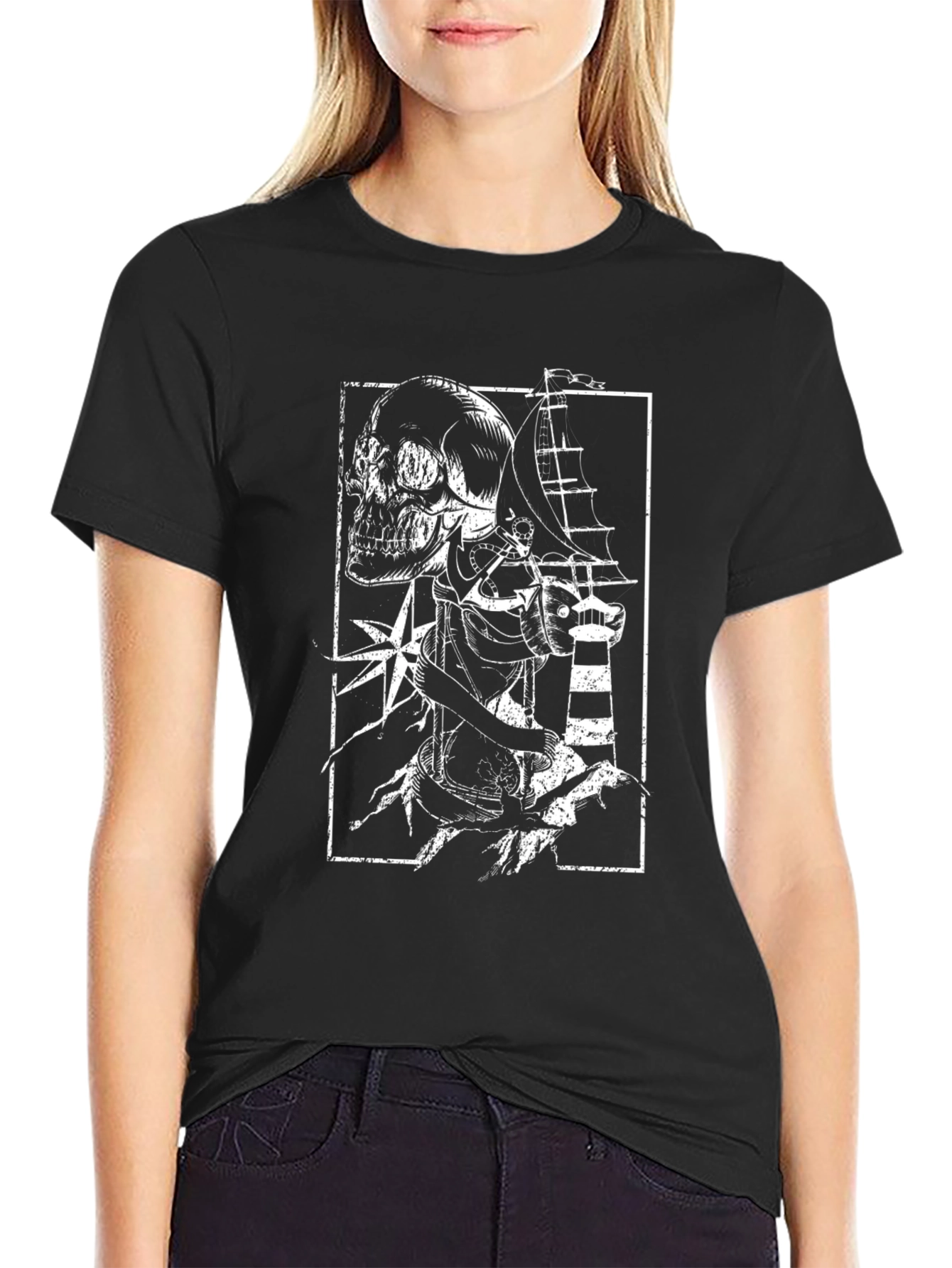 Nautical Skull Graphic Print Black T-Shirt