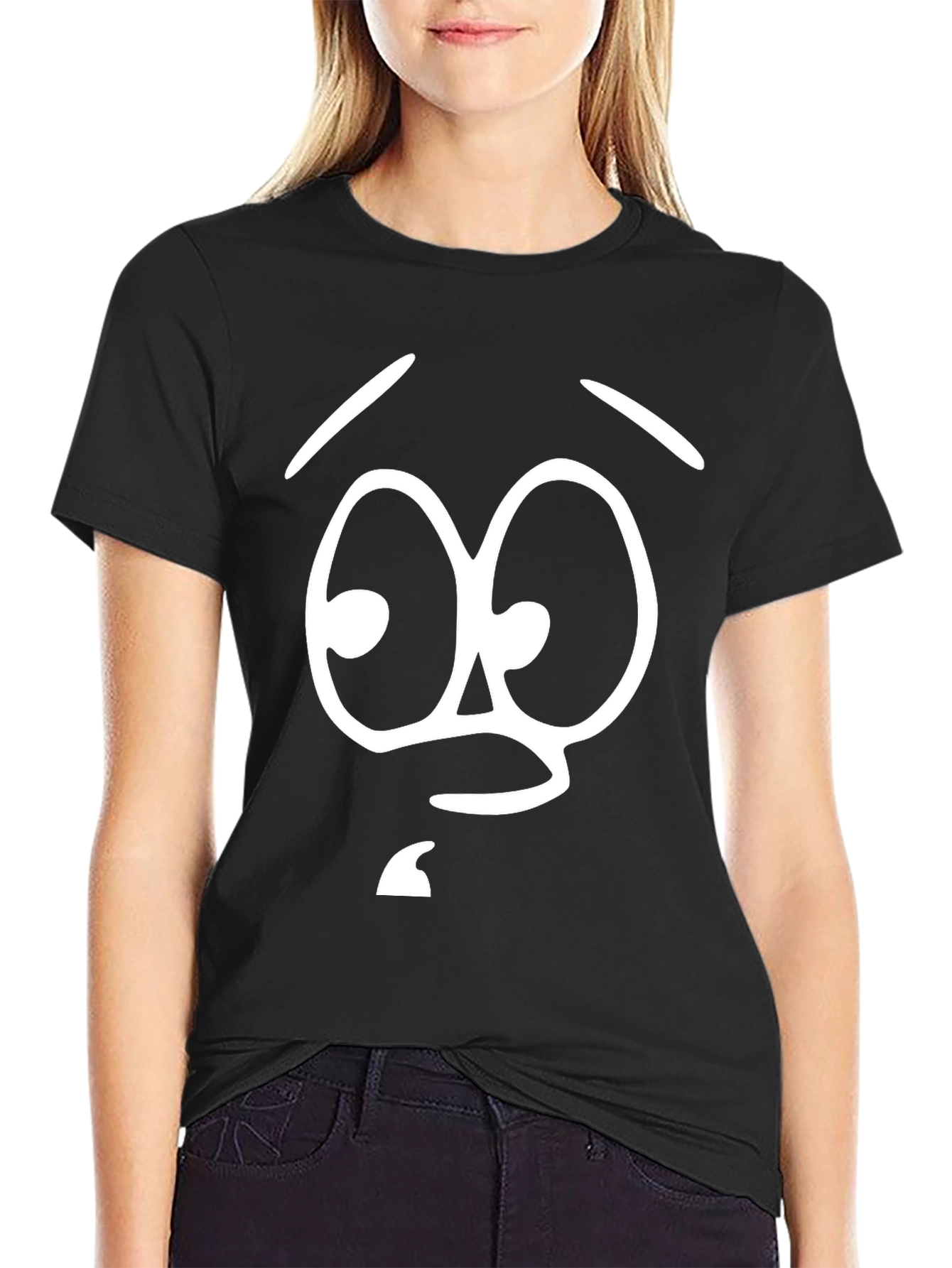 Funny Cartoon Face Graphic Tee - Black Cotton T-Shirt