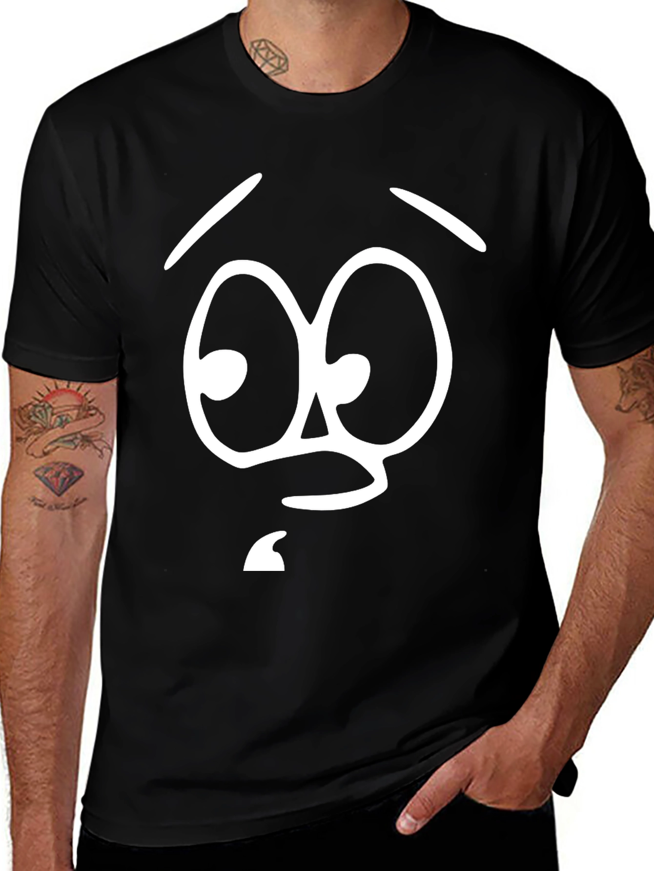Funny Cartoon Face Graphic Tee - Black Cotton T-Shirt