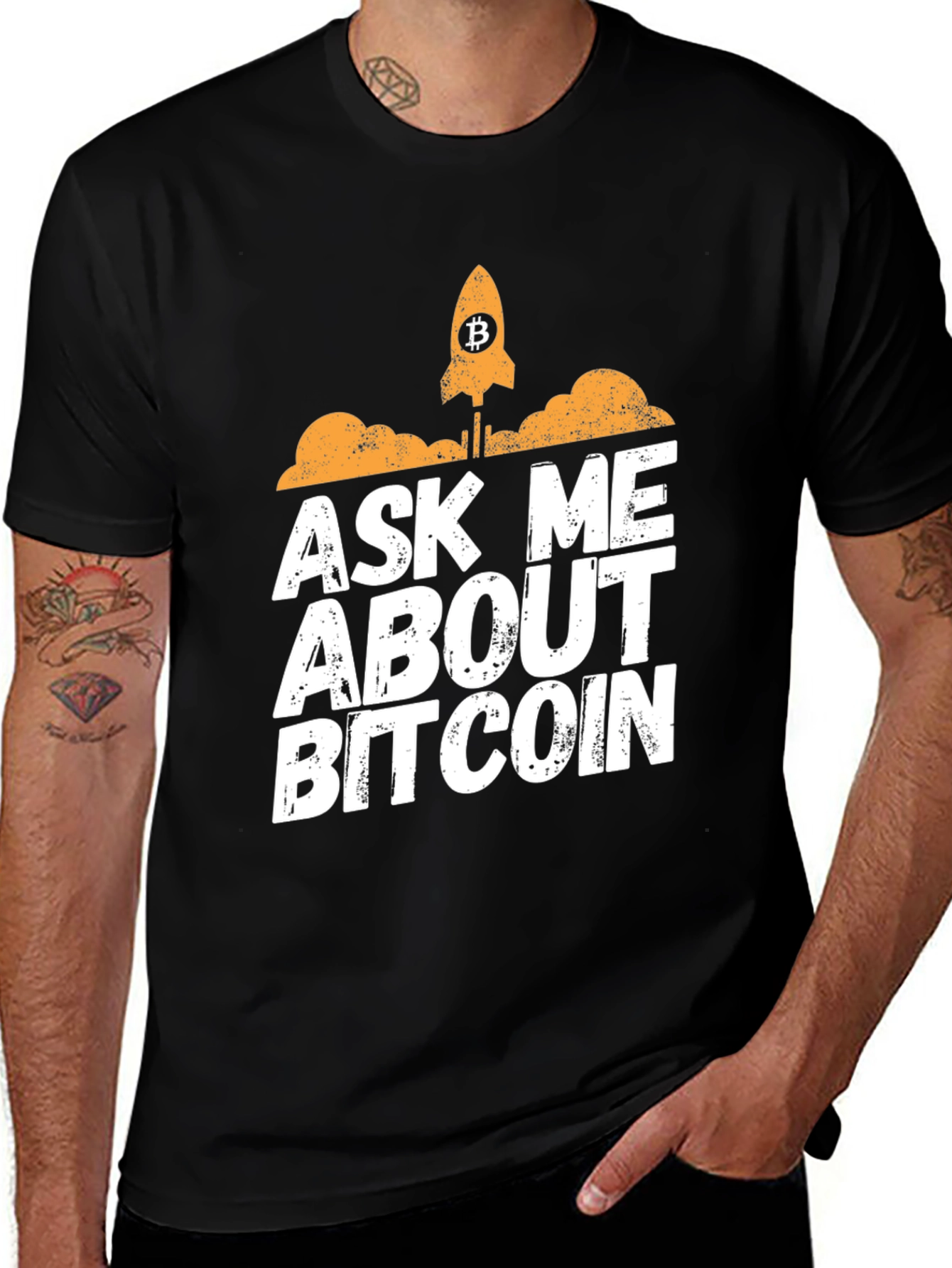 Ask Me About Bitcoin T-Shirt - Crypto Rocket Design