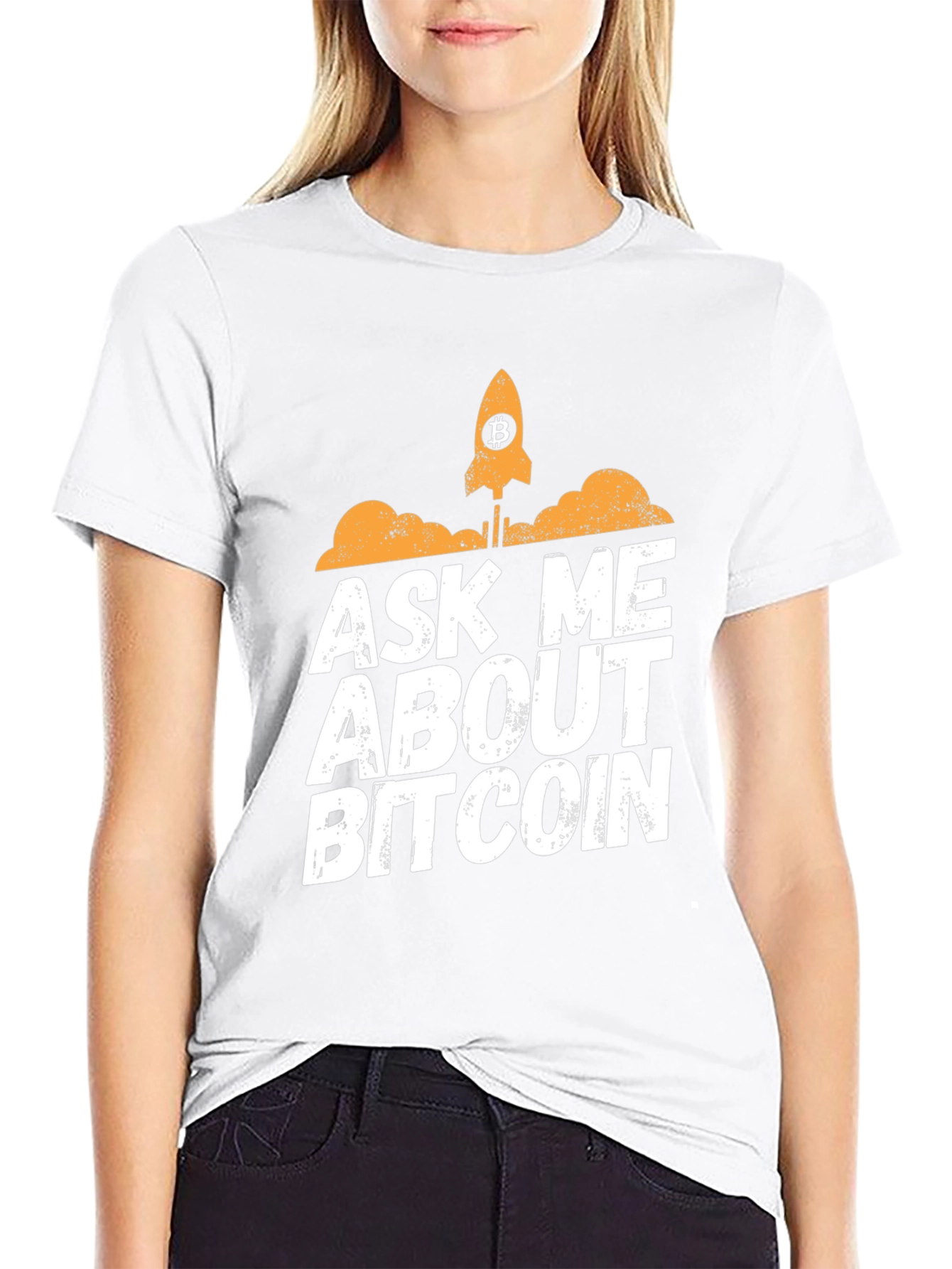 Ask Me About Bitcoin T-Shirt - Crypto Rocket Design