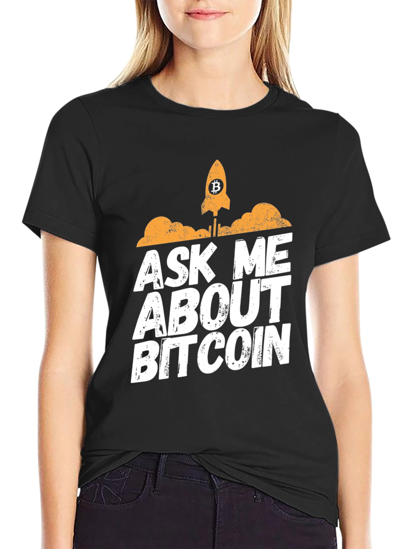 Ask Me About Bitcoin T-Shirt - Crypto Rocket Design