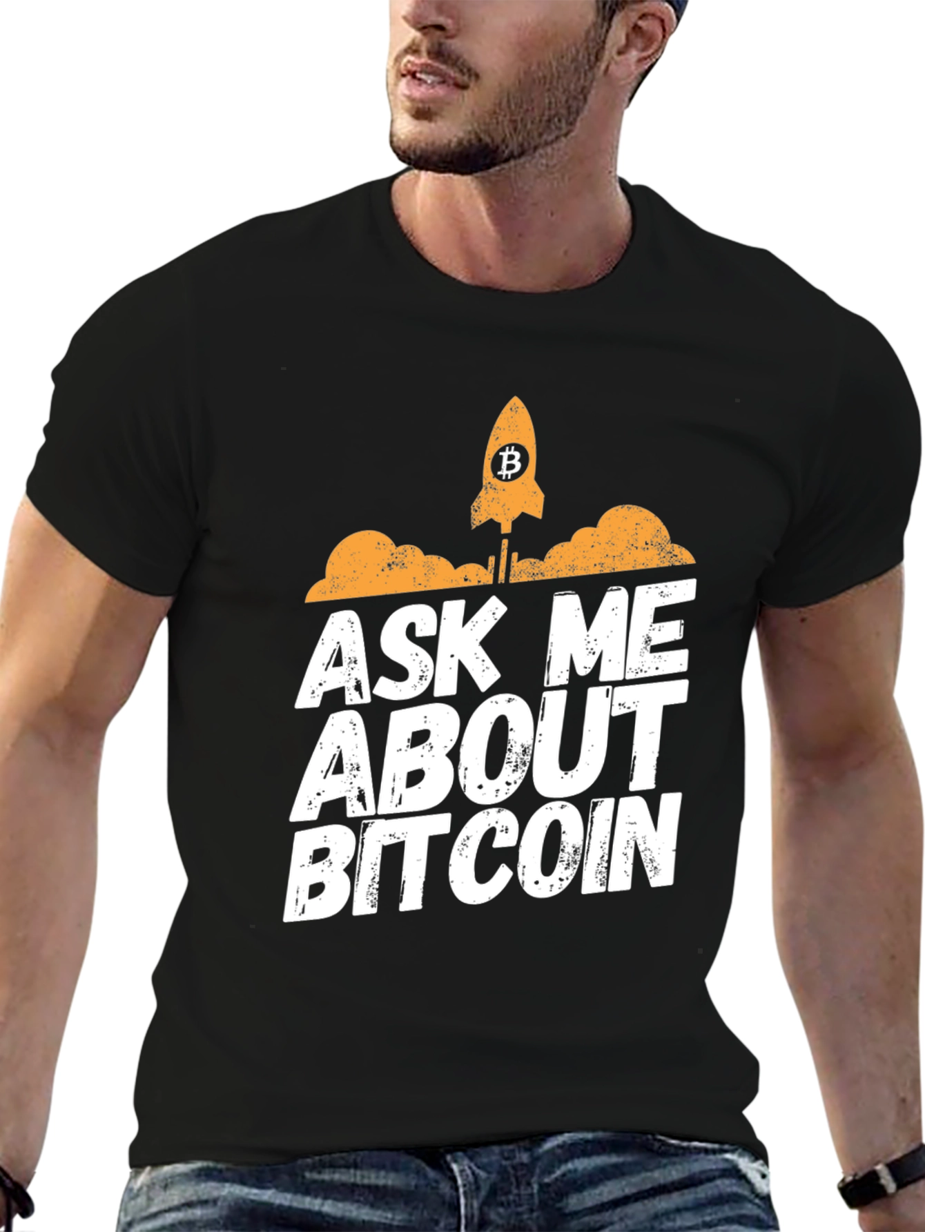 Ask Me About Bitcoin T-Shirt - Crypto Rocket Design