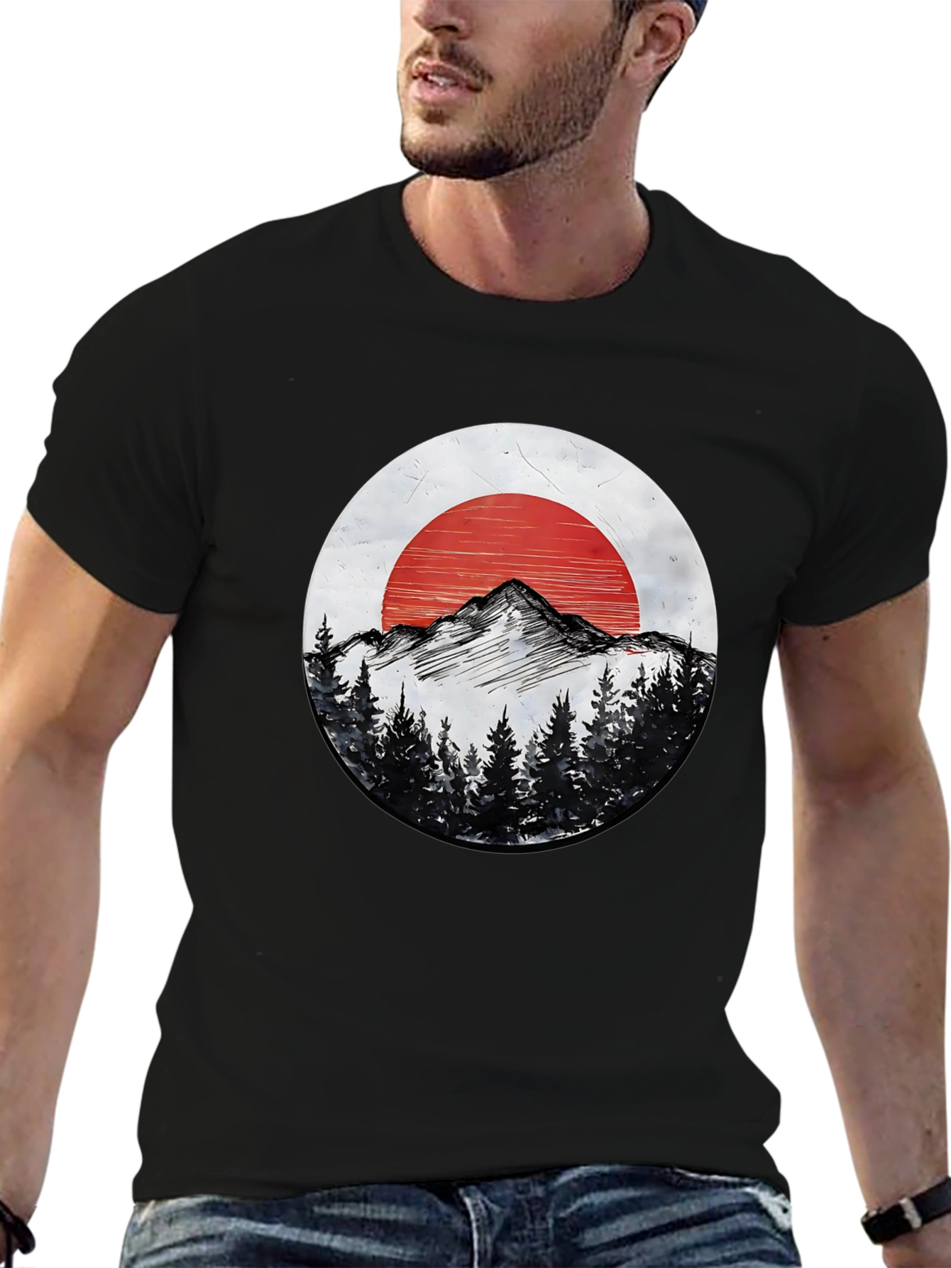 Mountain & Sun Graphic Tee - Black Cotton T-Shirt