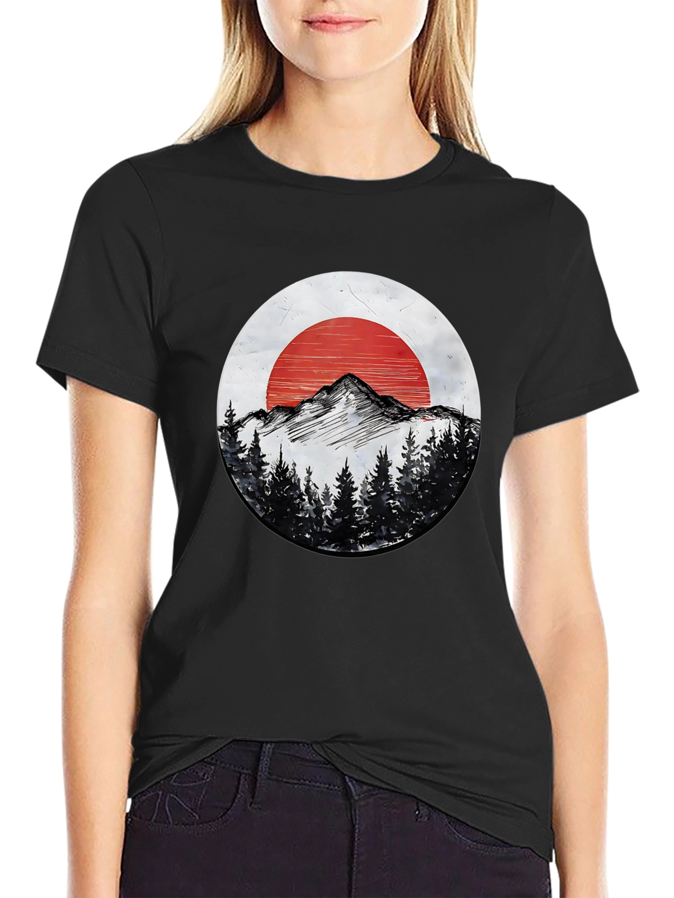 Mountain & Sun Graphic Tee - Black Cotton T-Shirt