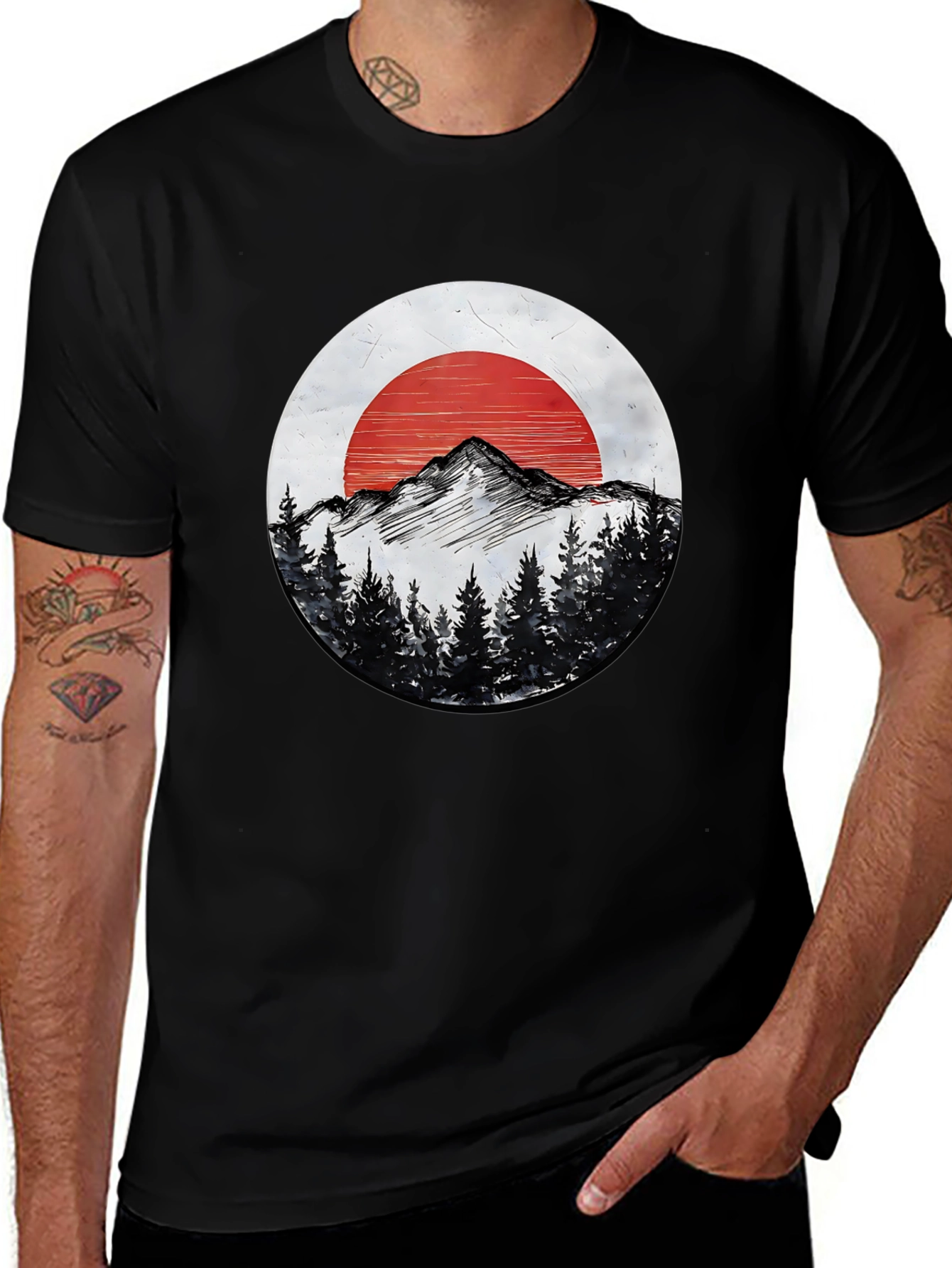 Mountain & Sun Graphic Tee - Black Cotton T-Shirt