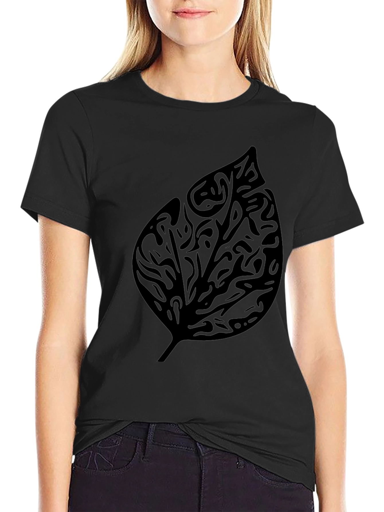 Black Leaf Print T-Shirt